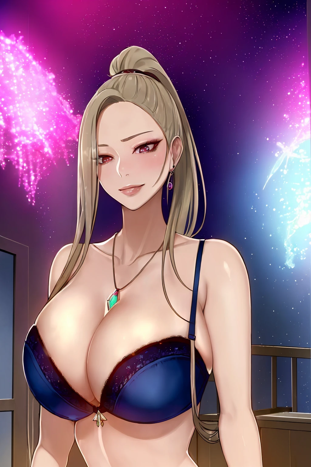 ((masterpiece, best quality, highest resolution, extremely detailed))
One supermodel in a dark room wearing (lab coat and lace bra), gem pendant, jewelry , gigantic  breasts, sensual , makeup, bioluminescent, slight smile, ponytail