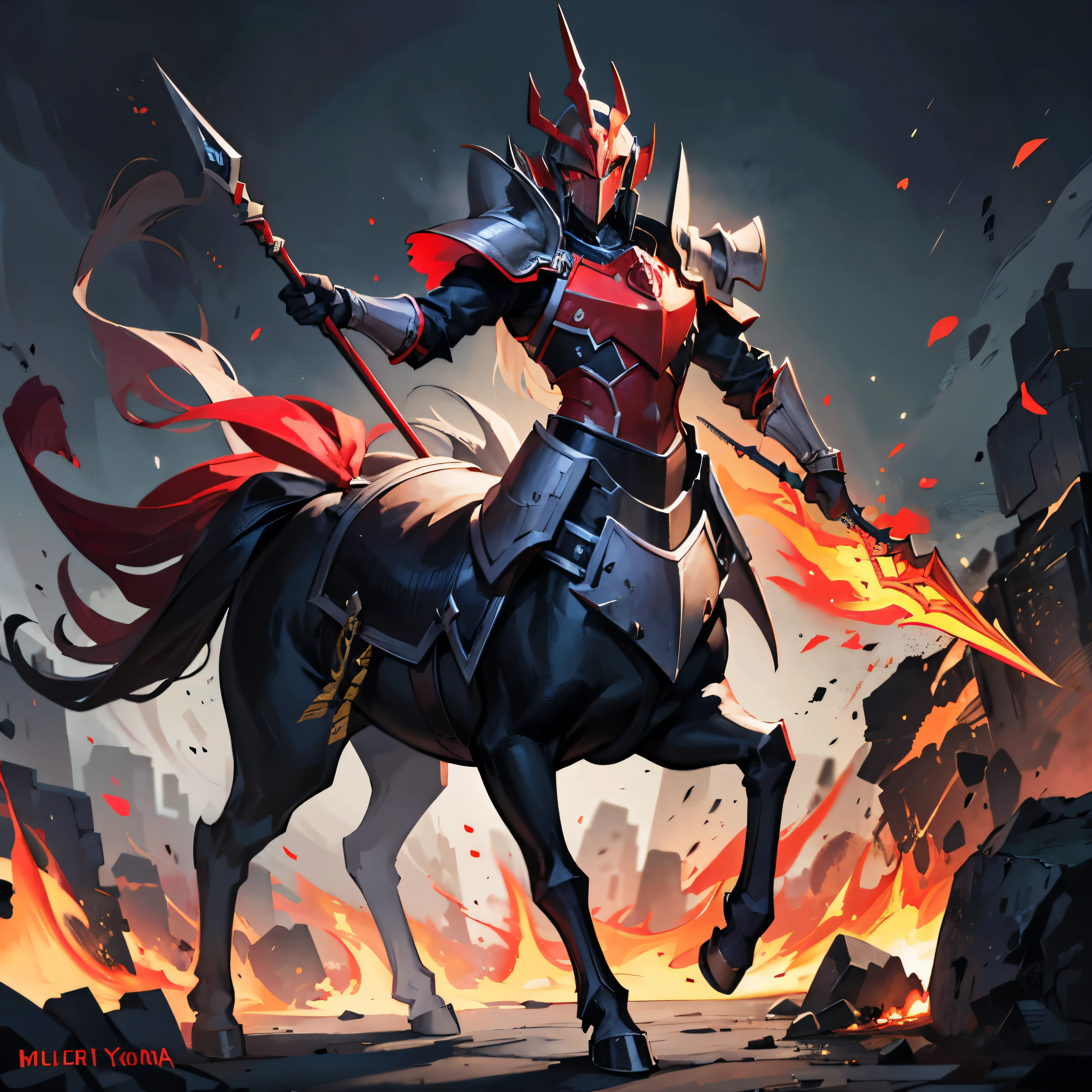 1 male centaur, masculine centaur, male, masculine, black helmet with red details, helmet hiding his face, black armor with a few red details, wearing dark chest plate, dark shoulder plates, grey horse lower body, holding a weapon, spear, lance, halberd, dynamic pose, black armor with red details, full body picture, dynamic pose, in the middle of a battle, surrounded by fire, dark background, scary, aggressive, Yu-Gi-Oh, Shadowverse