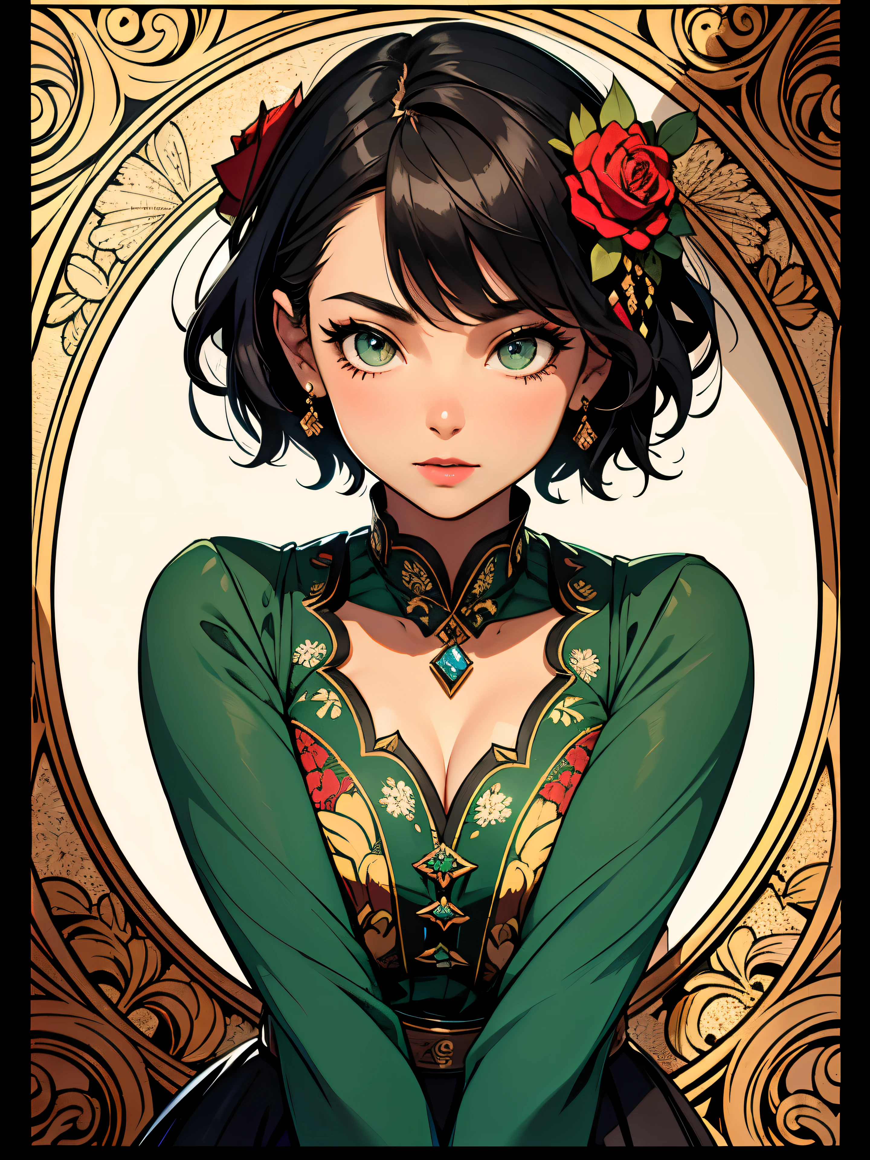 1girl ,solo, (masterpiece), best quality, (beautiful detailed face), (beautiful detailed eyes), woman, curvy, 1girl, 1girl with a short bob cut hair, black hair, green eyes, ((dark skin)), toned tomboy, medium breasts, wide hips, rosemaling patterns, Norwegian folk art, floral motifs, decorative designs, hand-painted details, traditional craftsmanship, vibrant colors, full body, cinematic lighting, contrasting background, best quality, amazing quality, very aesthetic, absurdres, sexy