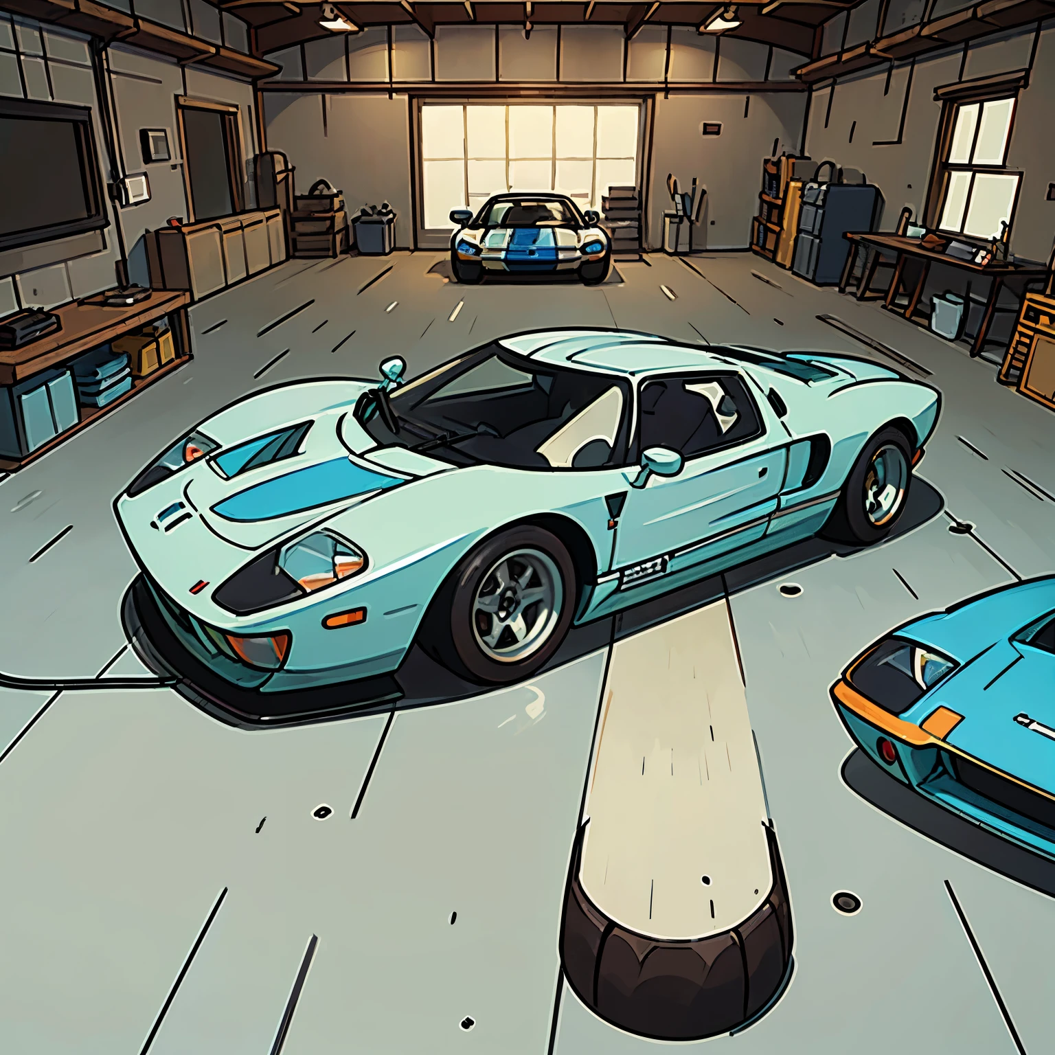 Ford gt40 in the garage, with 4 mechanic arounded, one of them checking the wheels, the other one check the engine, vector japanese art 