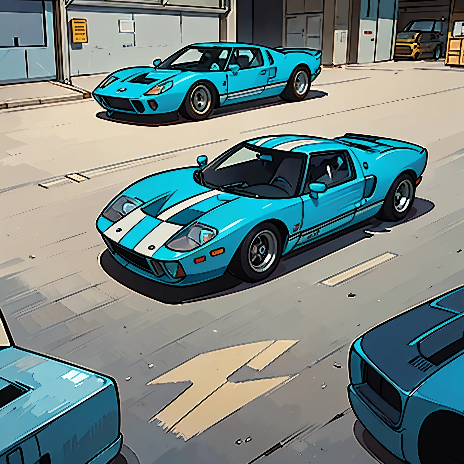 Ford gt40 in the garage, with 4 mechanic arounded, one of them checking the wheels, the other one check the engine, vector japanese art