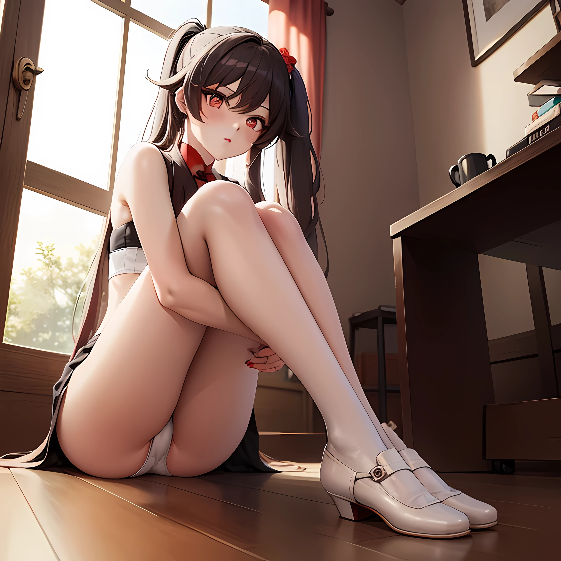 (absurd, high-resolution, super detailed), Hu tao, 1 girl, solo, (long hair, brown hair), colorful, supreme detailed, , small, underwear, indoors, flushed face, angry girl, anime full body illustration, girly feeling, white panties, exposed panties, surreal , beautiful anime , anime girl CG art, surreal , realistic , Anime moe art style, details. Shoujo Front, Seductive Anime Girl, Light Novel Cover Art