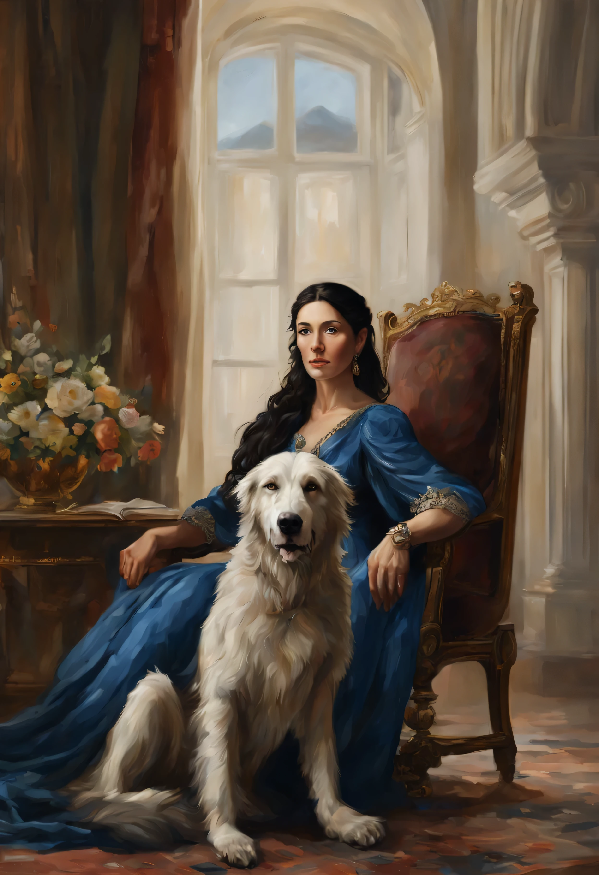 Photorealistic portrait of a woman 50 years old., with short black hair, in a blue dress, sitting in the armchair, a huge wolfhound sits next to her, Vladimir Novak, Alexander Kucharsky, author Roman Bezpalkiv, masterpiece! Portrait of Arwen, elegant portrait, royal portrait painting, Digital painting, royal portrait, Vladimir Baranov-Rossin, Laszlo Balog, elegant Digital painting, royal portrait of Arwen.