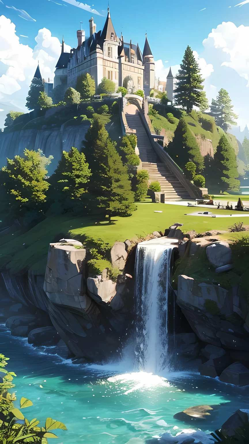 Create a forest with a castle and several trees showing a path leading to a hilltop castle showing winds and suns, I want it to be a girl with long hair below her butt and a crown on her head and her hair is blue-white, que ela tenha uma espada brilhante que porte magia