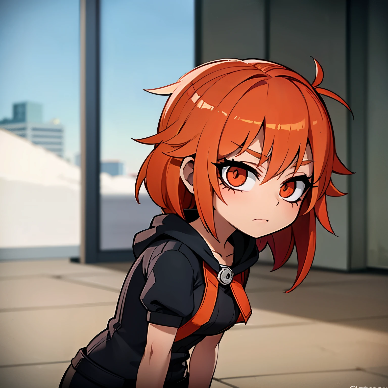Anime image of a girl with orange hair has a bruise in one eye and a cure on her nose
