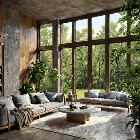 design cozy interior of a modern mansion with concrete and oak wood elements, surrounded by nature. embrace sleek, contemporary ...