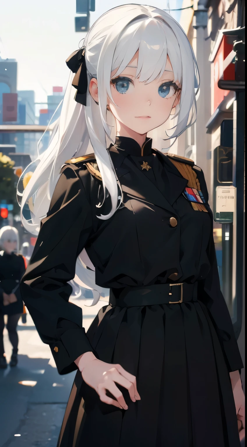 best picture quality, 8K, high quality, masterpiece:1.2), ((masterpiece)), (high detail, high quality, best picture quality), bokeh, DOF, Portrait, open stance, (cute illustration:1.2), white hair, military, girl, standing, black uniform, black clothing