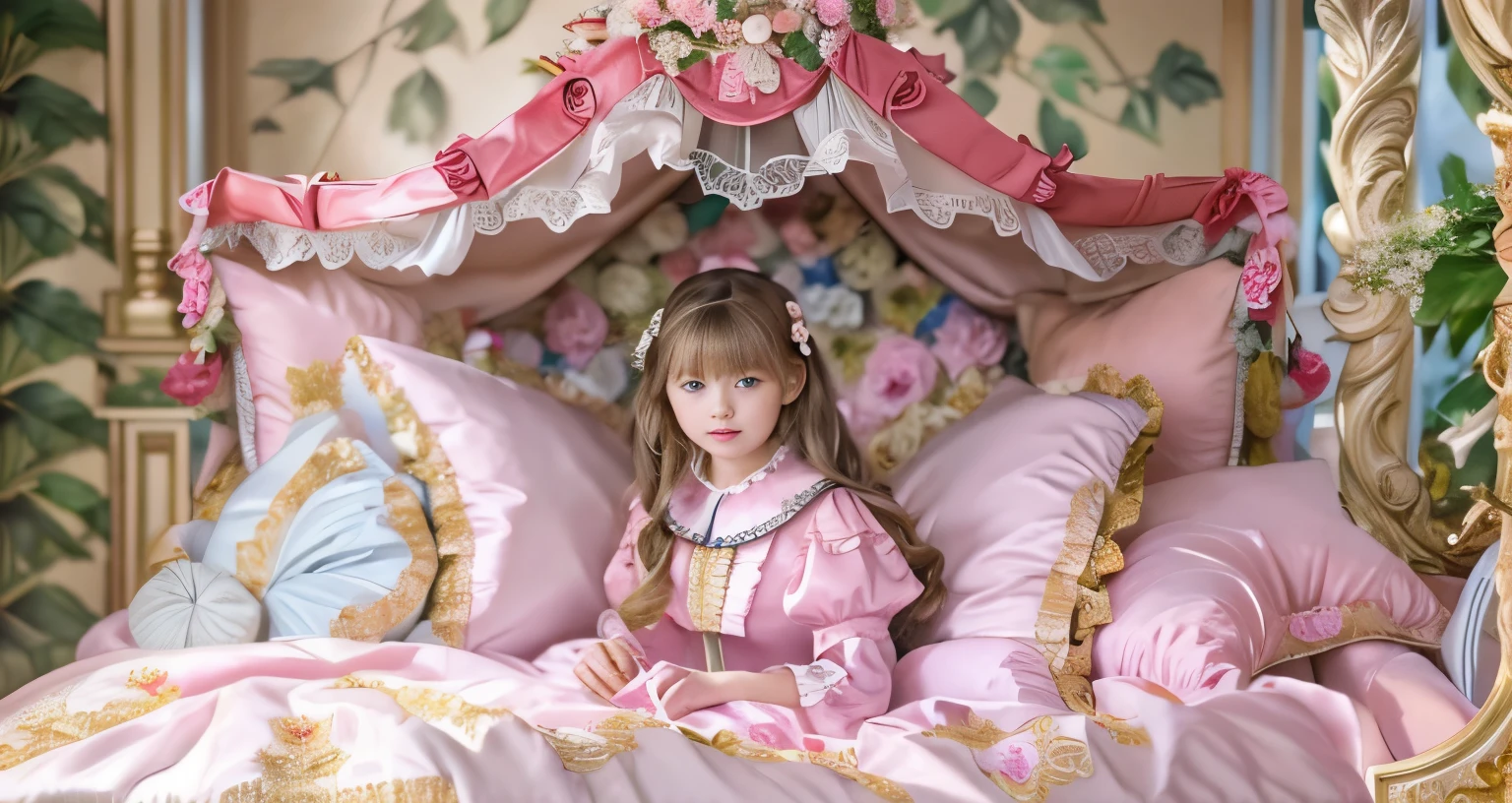 ,highest quality, masterpiece, highest resolution, artwork, super それにget used to it, many get used to it, get used to it, それにget used to it, 3K realistic photos,,(( When I was 10 years old)),Super detailed baby face,She is a princess,Full length ball gown dress with hoop skirt,ruffle yoke collar,puff sleeves,long sleeve,((Lolita style hot pink detailed princess satin dress、Comes with lots of frills and ribbons。)),colorful rococo fashion,shiny satin dress,Soft and smooth fabric,luxury,long blonde hair,blue eyes,white skin european,pajamas,((inside the palace)),,,(( When I was 10 years old)),Super detailed baby face,Full length ball gown dress with hoop skirt,ruffle yoke collar,puff sleeves,腰まで伸びるlong blonde hair,blue eyes,white skin european,pajamas,((inside the palace bedroom)),ピンクのシルクサテンのluxuryなcanopy bedの上,canopy bed,luxurious curtains under the canopy,many frilly pillows on the bed,super detailed background,Detailed bed,romantic atmosphere,little princess is sitting on the bed,