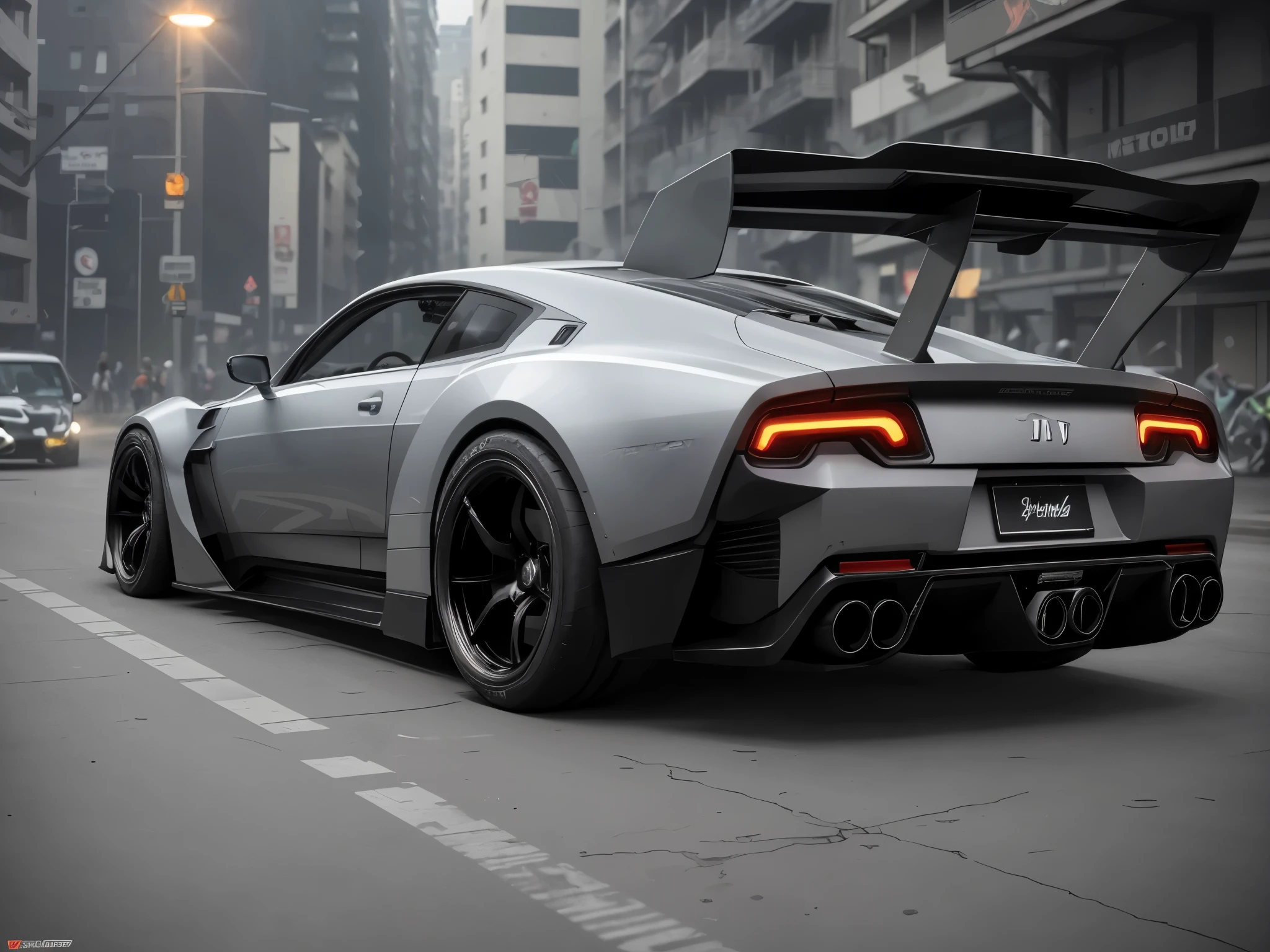 cyberpunk (with glowing edges), wide tires, at the parking lot, in a city at night, matte gray, a black car with wide tires, Silver edge, Front like a Carwetta C8 and rear like a Bugatti Diwo