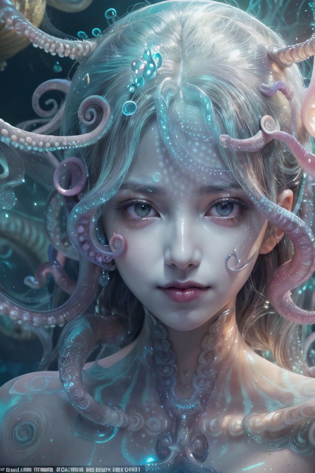 (1 beautiful and obscene female alien in the water of the deep sea:1.4), (There is a female genital-like organ in the middle of the forehead:1.95), has hair like medusa, (From her head there are many poisonous translucent white tentacles that look like hair:1.5),  (she has no pupils, Looking down at the viewer with glowing scarlet eyes:1.6), (She has crystal clear white skin:1.6),(she has the most beautiful face in the history of the universe:1.5), (She has multiple bioluminescence organs on the side of her white tentacles:1.5), (Her body is covered with an iridescent exoskeleton:1.4), (she shows her armpit dimples:1.6), an evil gaze that seduces, (From the gap between your cute lips, Long canine teeth peek out like a vampire:1.4) (bioluminescence:1.4), (sexy pose:1.4), alien, there are no humans, (cells are fused:1.3), extraterrestrial, cell, bio image, ultra High resolution, (realistic pictures:1.7), (Number of award-winning masterpieces々, incredibly detailed, Texture and maximum detail), dramatic lighting, cinematic quality, (exquisite details:1.2), High freshness, draw faithfully, (thick eyebrows:1.2), Beautiful eyes with high bilateral symmetry,(highly detailed face and eyes:1.2),(Super detailed skin texture:1.4), perfect anatomy, (Beautiful toned body:1.5), (moist skin:1.2), not wearing makeup, (Bear:1.1), drawing cinematic characters, cinematic quality, (exquisite details:1.2), High resolution, High freshness, draw faithfully, official art, Unity 8K wall paper, Super detailed artistic photography, midnight aura, unreal engine 5, super sharp focus, art by Amano Yoshitaka, art germ, ultra realistic realism, fantasy creation, dream snail, (biopunk nautilus:1.3),thrilling color scheme, smile seductively, amazing mutation, well-proportioned body, goddess of the deep sea, fractal, Geometric pattern, she has a great figure, Subtle emerald green accents, (expression of ecstasy:1.5)