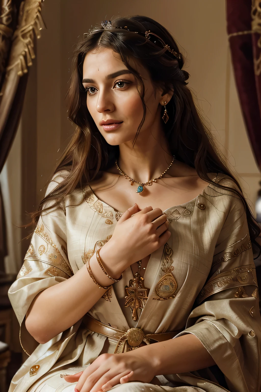 best quality,Super detailed,actual,portrait,Beautiful and delicate eyes,Beautiful and delicate lips,Gorgeously decorated room,Participate in discussions,roman diplomat,ingenious,diplomatic skills,bright colors,warm light,fine jewelry,flowing robe,royal throne,elegant gesture,confident expression,Atmospheric background,attentive listener,considerate gesture,true historical reproduction