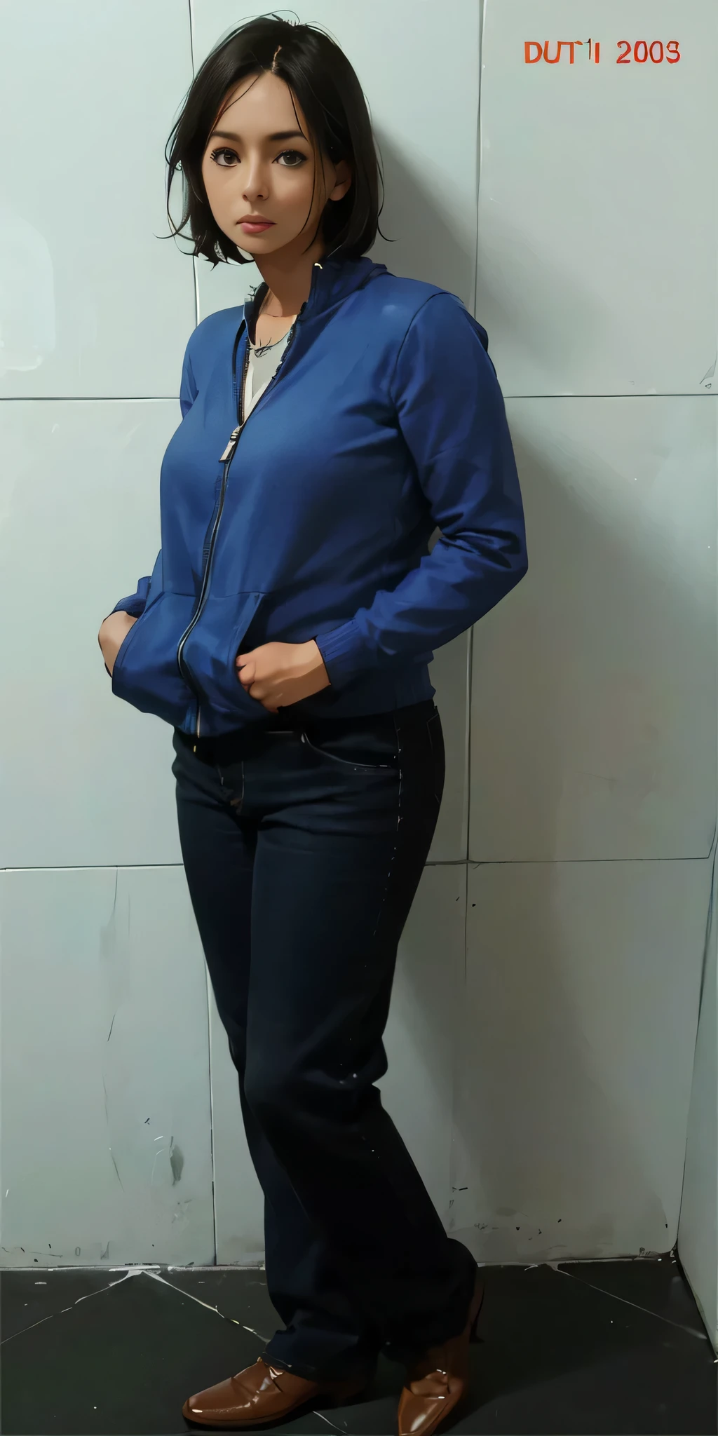 Woman with Jaqueta azul, dark jeans, encostado a uma parede, corpo inteiro - foto frontal, full body profile camera photo, roupas azuis, foto de retrato de corpo inteiro, foto larga de corpo inteiro, foto de corpo inteiro, photogenic foto de corpo inteiro, centered foto de corpo inteiro, foto de corpo inteiro, Jaqueta azul, centered foto de corpo inteiro. Mulher com pele branca bronzeada e cabelos escuros. ela tem cerca de 35 anos. high resolution, alta qualidade, obra de arte, 8k. Mulher com pele branca bronzeada e cabelos escuros. ela tem cerca de 35 anos. high resolution, alta qualidade, obra de arte, 8k.