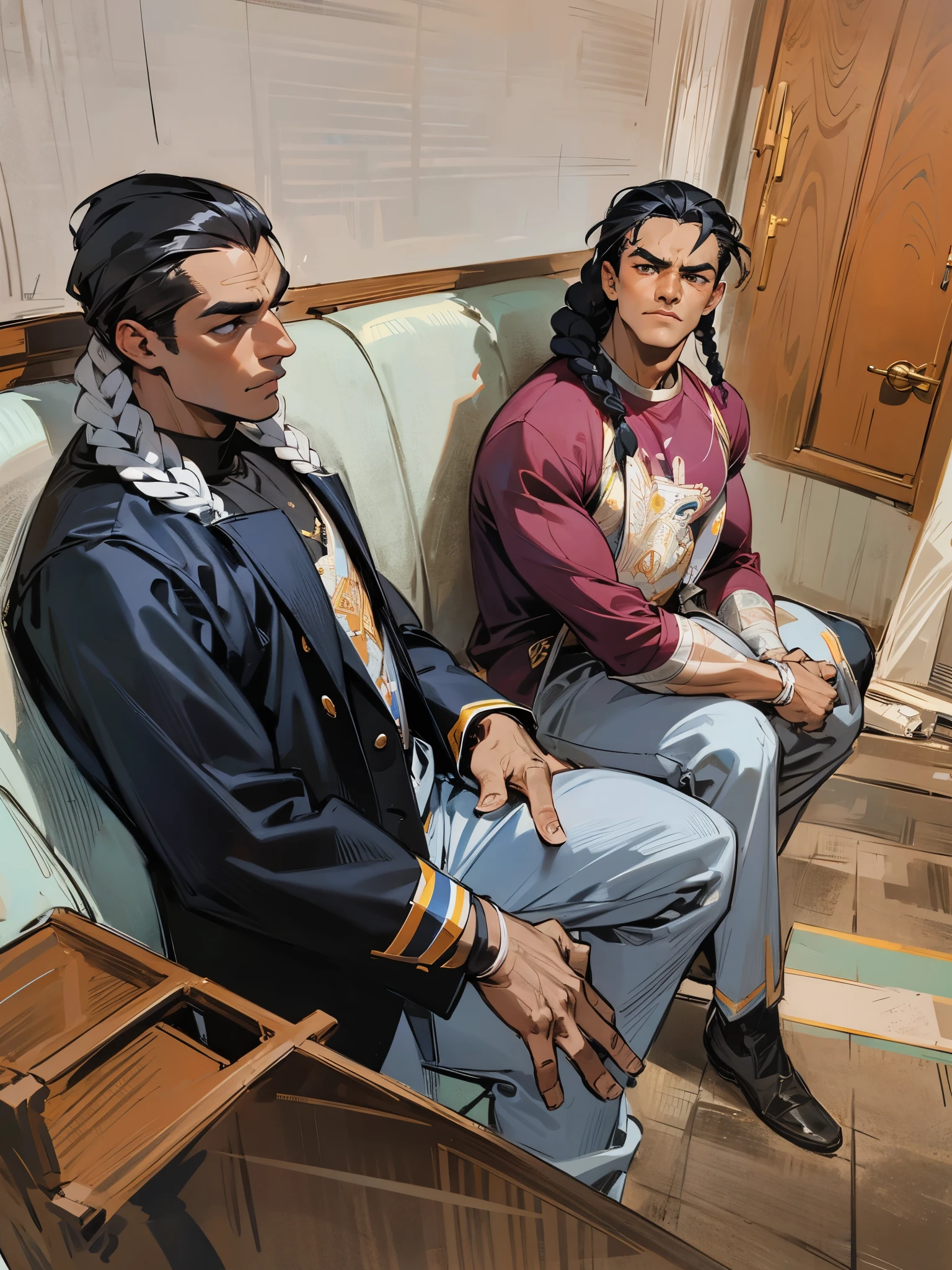 2men, black men sitting down, friendly discussion, incredibly muscular, muscles, muscular, bodybuilder, dark skin, braids, braided hair, flexing, jacked, fighters, rugged, muscles visible through clothing, intimidating, high definition, handsome, handsome men, perfect face, chiseled jawline, strong jaw, high cheekbones, beautiful quality, masterpiece, big biceps, pecs, defined muscles