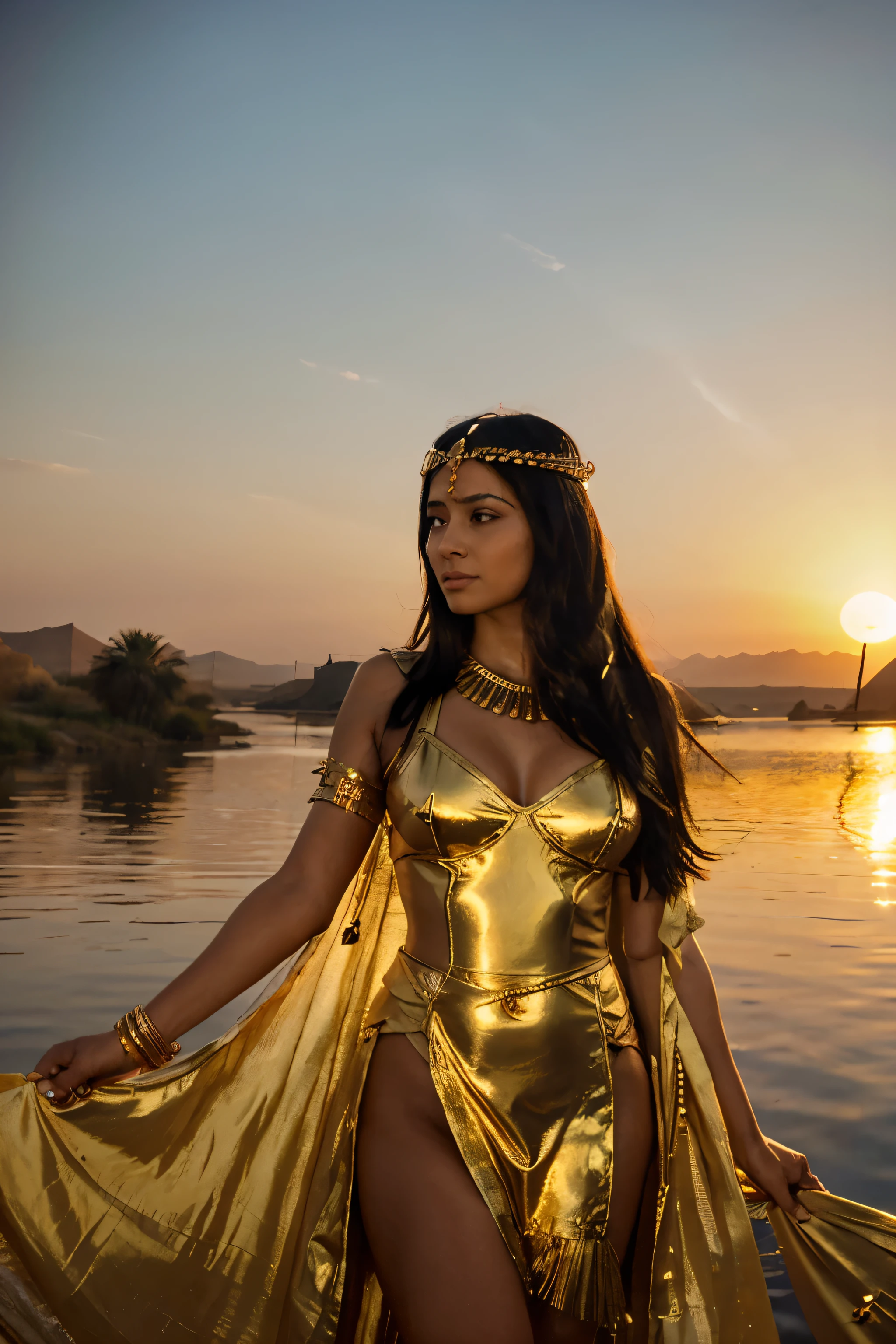 Cleopatra on the Nile at sunset:
"Egyptian Queen Cleopatra in golden robe,Standing by the Nile,The background is a golden desert and winding river at sunset。"