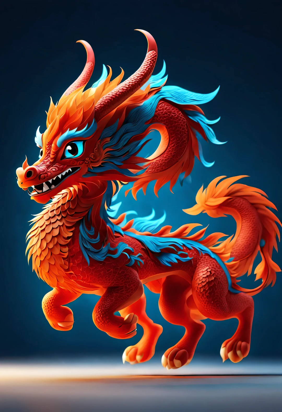 3d rendering, realistic fur, red wallpaper, Simple modern style, beautiful wallpaper,(The cute anthropomorphic zodiac dragon takes an exaggerated gait),Super exaggerated,orange fur, big blue eyes, Narrow your eyes and smile mischievously , wearing scarlet clothes, Wearing an embroidered hoodie, (Legs and neck are super long:0.85),Slender and well-proportioned, frontal portrait, (looking at camera), Beijing, 🦑 design), 杂志design风格,,Looking up,Bottom Up,The art of paper