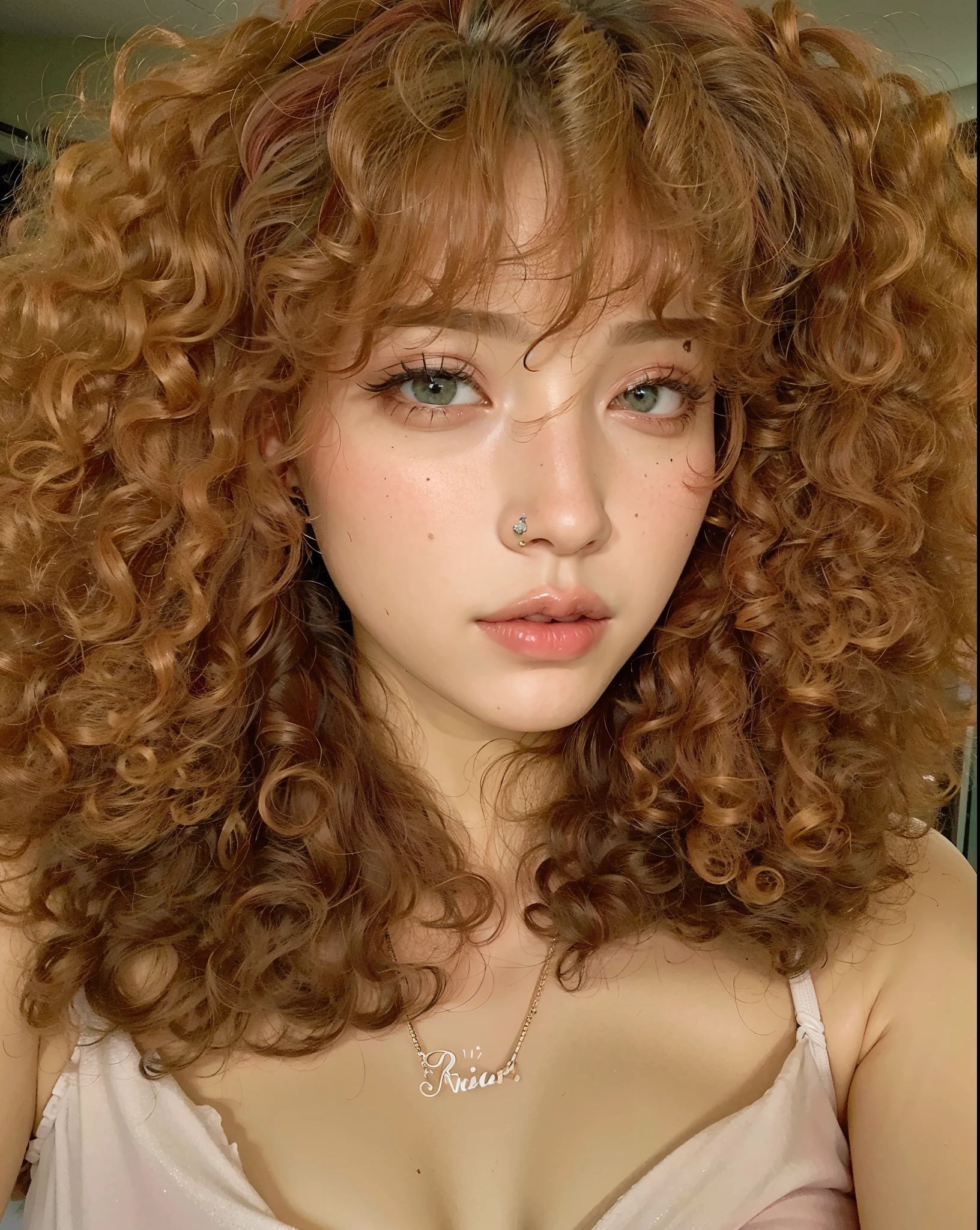 tem uma mulher com piercing no nariz e vestido rosa, Encaracolado bangs, Encaracolado copper colored hair, with Encaracolado red hair, cabelo ruivo com sardas, Encaracolado blonde hair | d & d, Encaracolado afro, red Encaracolado hair, Encaracolado red hair, Encaracolado haired, brown Encaracolado hair, Encaracolado hair, pale skin Encaracolado blond hair, Encaracolado, cabelos ruivos e sardas
