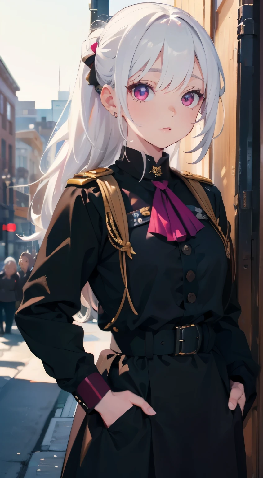 best picture quality, 8K, high quality, masterpiece:1.2), ((masterpiece)), (high detail, high quality, best picture quality), bokeh, DOF, Portrait, open stance, (cute illustration:1.2), white hair, magenta eyes, military, girl, standing, black uniform, black clothing