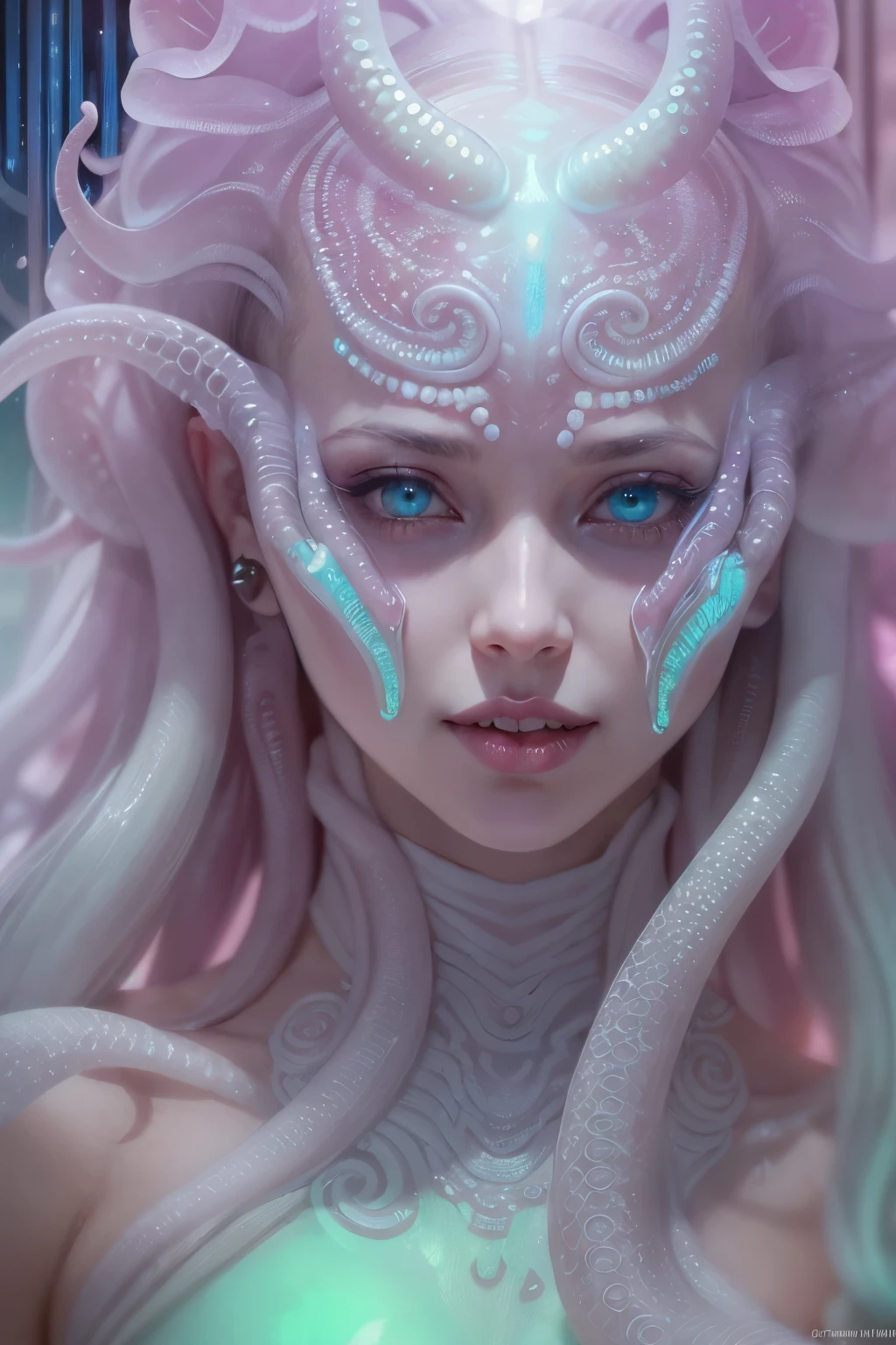 (A portrait of one beautiful and obscene female alien who is a young ager:1.4), ((There is a female genital-like organ in the middle of her forehead:1.8)), (realistic face:1.2), (Numerous award-winning masterpieces, with incredible detail, textures and maximum detail), artistic photography, midnight aura, unreal engine 5, Ultra Sharp Focus, art by Amano Yoshitaka, ArtGerm, Roisch, intricate artwork, ultra realistic realism, high resolution, High freshness, drawing faithfully, official art, Unity 8K Wall paper, ultra detailed artistic photography, dream-like, Creation of fantasy, dream Snail, (biopunk nautilus:1.3),Thrilling color schemes, seductively smiling, Amazing mutation, well-proportioned body, goddess of the deep sea, fractal, Geometric pattern, impossible figures, (translucent white tentacles with luminescent organs:1.4), subtle emerald green accents, (smiling seductively:1.3),(She has the most beautiful face in the history of the universe:1.5), Penelope Cruz, (she is looking down at viewers with glowing iridescent eyes with no pupils:1.3), an evil gaze that seduces, cinematic lighting, (Vampire-like long canine teeth can be glimpsed through the gap between the cute lips:1.3), in the hall of the palace, Sweet breath is exhaling from beautiful lips, ecstatic expression
