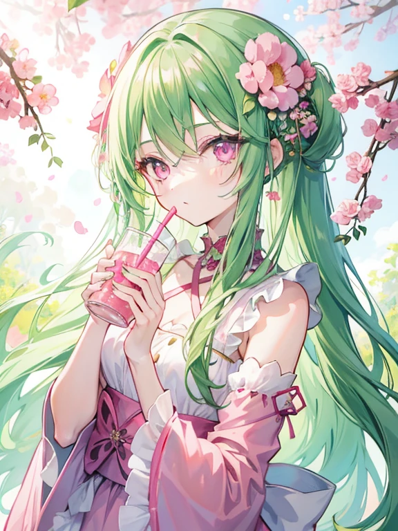 no background,girl with long green hair, pink eyes,green nails,There are many flowers in my hair,The color of the face is pink, anime atmosphere, anime girl drinks pink cute drink, Cute girl anime visual