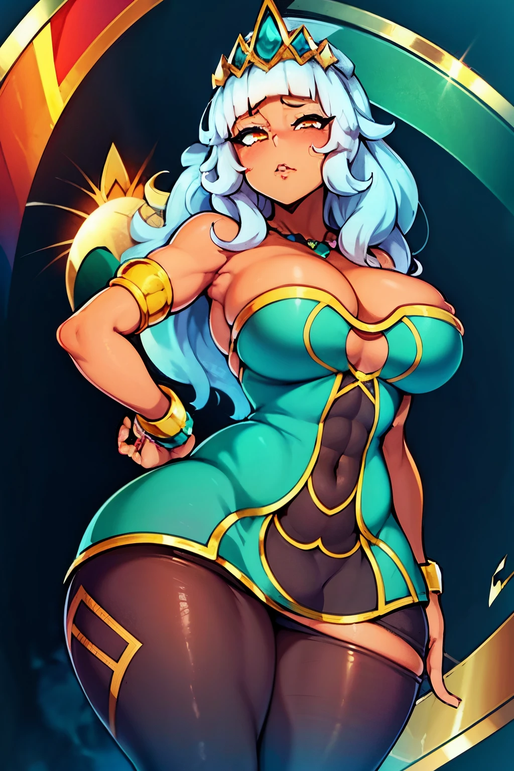 Cartoon poster depicting an anime woman with big breasts, Grande, Fat belly and small breasts, 1 chica, solamente, piel oscura, english text, viejo, hembra de piel oscura, Al aire libre, muslos gruesos, , cabello largo, ombligo, Mano en la cadera, sombra de ojos
