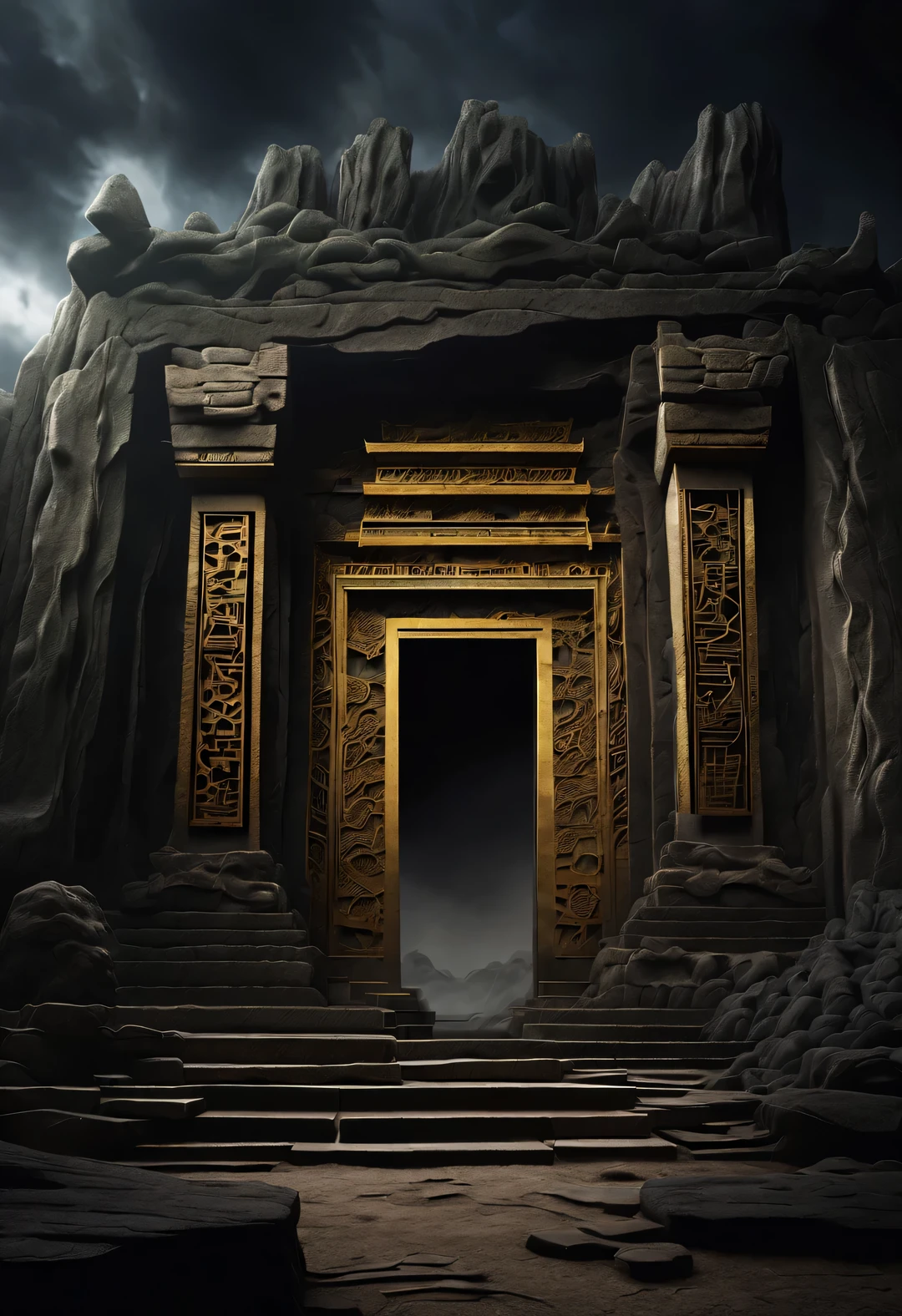 scenography，Very unified CG scenes，（An ancient and mysterious door in the ruins connects different time and space），Its appearance is dark black，Inlaid with intricate golden patterns，Give people a kind of solemnity、mystical feeling。There are some ancient symbols carved on the door，It is said to be a spell used to open the door to time and space..。The ruins are a place full of mystery and mystery，There are thick vines everywhere，entwined with ancient swaying boulders.，High stone walls，Each of their stones looks exquisite，Presenting spectacular architectural aesthetics。Each stone wall is carved with intricate patterns，Every detail reveals a unique artistic sense。But these carvings weathered the storm，Many are incomplete， You can travel through time in these ruins，Towering temples and spectacular stone pillars are left only in ruins and desolate scenes.。 You can also see stone statues of different shapes scattered everywhere..，The statue has weathered hundreds of years，