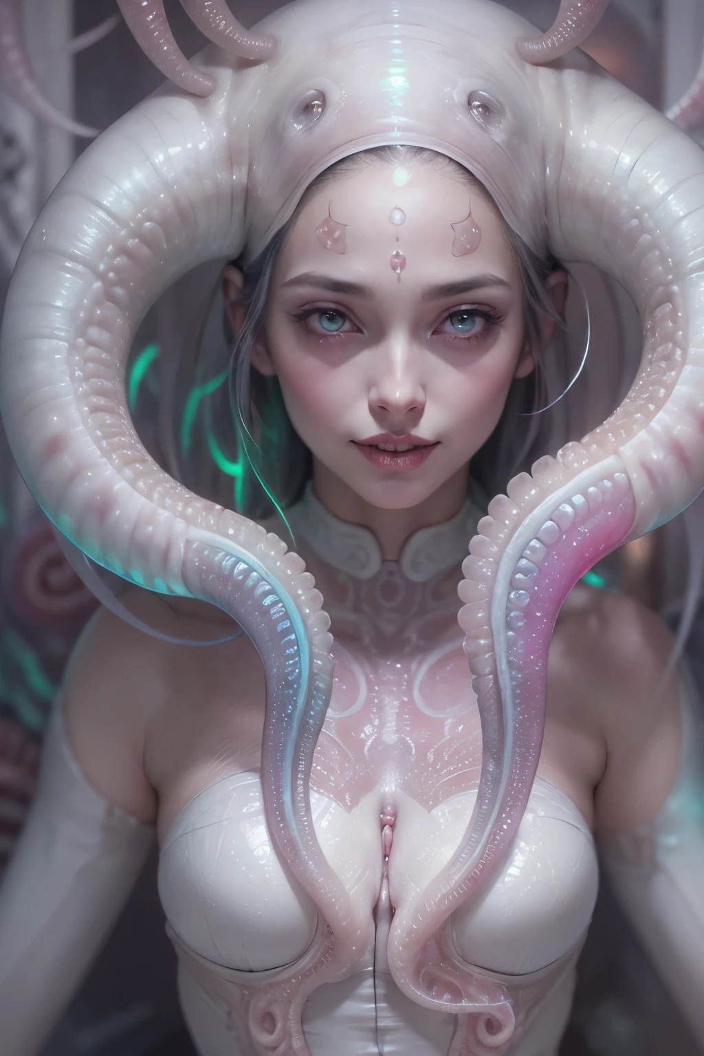 (A portrait of one beautiful and obscene female alien who is a young ager:1.4), ((There is a female genital-like organ in the middle of her forehead:1.8)), (realistic face:1.2), (Numerous award-winning masterpieces, with incredible detail, textures and maximum detail), artistic photography, midnight aura, unreal engine 5, Ultra Sharp Focus, art by Amano Yoshitaka, ArtGerm, Roisch, intricate artwork, ultra realistic realism, high resolution, High freshness, drawing faithfully, official art, Unity 8K Wall paper, ultra detailed artistic photography, dream-like, Creation of fantasy, dream Snail, (biopunk nautilus:1.3),Thrilling color schemes, seductively smiling, Amazing mutation, well-proportioned body, goddess of the deep sea, fractal, Geometric pattern, impossible figures, (translucent white tentacles with luminescent organs:1.4), subtle emerald green accents, (smiling seductively:1.3),(She has the most beautiful face in the history of the universe:1.5), Penelope Cruz, (she is looking down at viewers with glowing iridescent eyes with no pupils:1.3), an evil gaze that seduces, cinematic lighting, (Vampire-like long canine teeth can be glimpsed through the gap between the cute lips:1.3), in the hall of the palace, Sweet breath is exhaling from beautiful lips, ecstatic expression