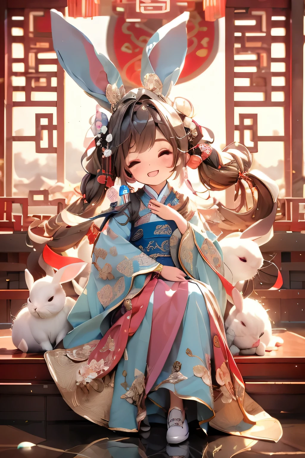 masterpiece,highest quality, 1 Girl 1/4 Chibi, Rabbit, Hanfu, sitting, Chinese Room, window, lanthanum, There are some rabbits at my feet