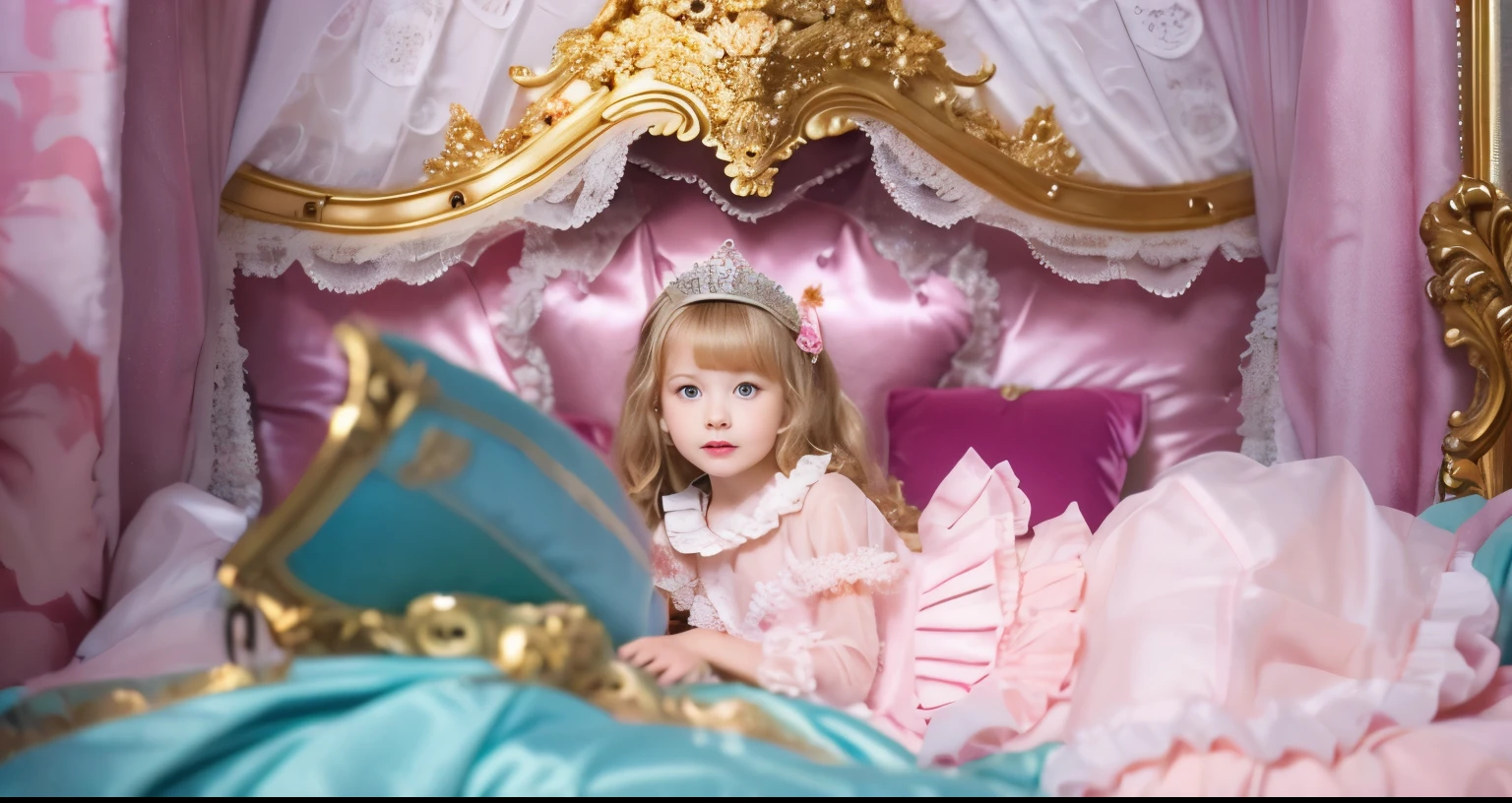 ,highest quality, masterpiece, highest resolution, artwork, super それにget used to it, many get used to it, get used to it, それにget used to it, 3K realistic photos,,(( When I was )),Super detailed baby face,She is a princess,Full length ball gown dress with hoop skirt,ruffle yoke collar,puff sleeves,long sleeve,((Lolita style pink detailed princess satin dress、Comes with lots of frills and ribbons。)),colorful rococo fashion,shiny satin dress,Soft and smooth fabric,luxury,long blonde hair,blue eyes,white skin european,pajamas,((inside the palace)),,,(( When I was 10 years old)),Sd baby face,Full length ball gown dress with hoop skirt,long skirt,ruffle yoke collar,puff sleeves,腰まで伸びるlong blonde hair,blue eyes,white skin european,pajamas,((inside the palace bedroom)),ピンクのシルクサテンのluxuryなcanopy bedの上,canopy bed,luxurious curtains under the canopy,many frilly pillows on the bed,super detailed background,Detailed bed,romantic atmosphere,little princess is sitting on the bed,