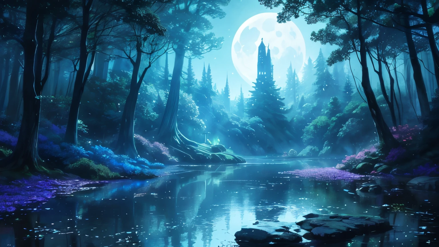 In the depths of a mystical forest, where fairies slumber and dwell, a moonlit scene unfolds. The moon's ethereal glow spills through the canopy, casting a radiant light onto the tranquil waters below, where the mystical reflection of the moon is mesmerizingly mirrored. This captivating image, whether it be a painting, a photograph, or another medium, transports viewers to a realm filled with enchantment and wonder. The moon, adorned with its majestic and otherworldly presence, appears magnificently large, evoking a sense of grandeur and fantasy. The composition, rich in detail and vibrant hues, invites the audience to immerse themselves in this exquisite portrayal of a surreal and magical realm.