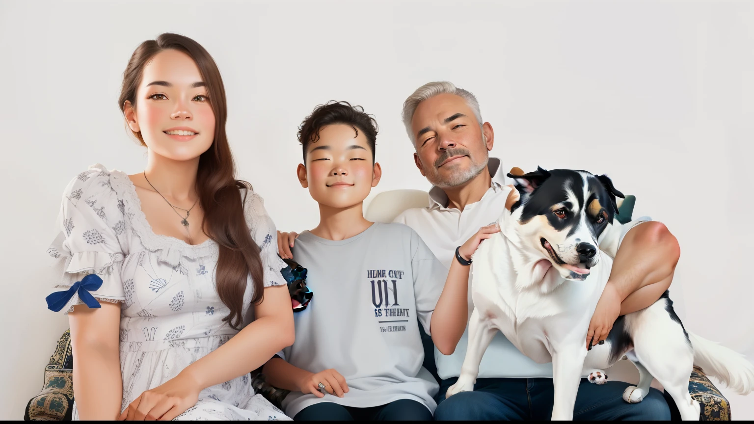 There are three people and a dog sitting on a sofa, family portrait, with dogs, pets, home photography portrait, convert vectorized