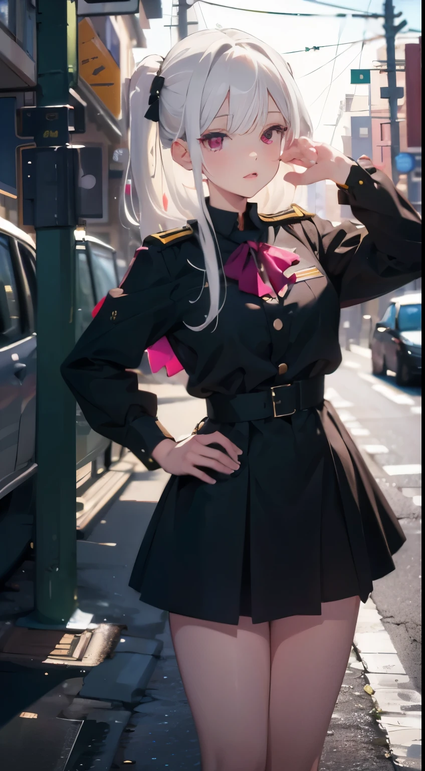 best picture quality, 8K, high quality, masterpiece:1.2), ((masterpiece)), (high detail, high quality, best picture quality), bokeh, DOF, Portrait, open stance, (cute illustration:1.2), white hair, military, 1girl, magenta eyes, standing, black uniform, black clothing