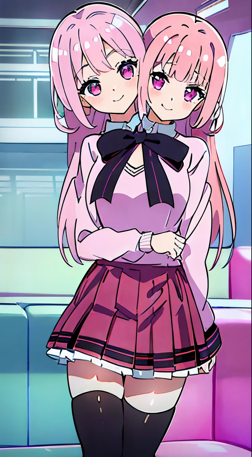 best quality, (masterpiece),(ultra-detailed), (high quality), (high resolution), (2heads:1.5) (magenta pink hair), violet eyes, twin tails, best quality:1.5, highres, UHD, 4K), smiling, masterpiece, best quality, highres, black thighhighs, pleated skirt, plaid skirt, school uniform, one side up, bowtie, sweater, white shirt, hair scrunchie, miniskirt, cowboy shot, standing,
