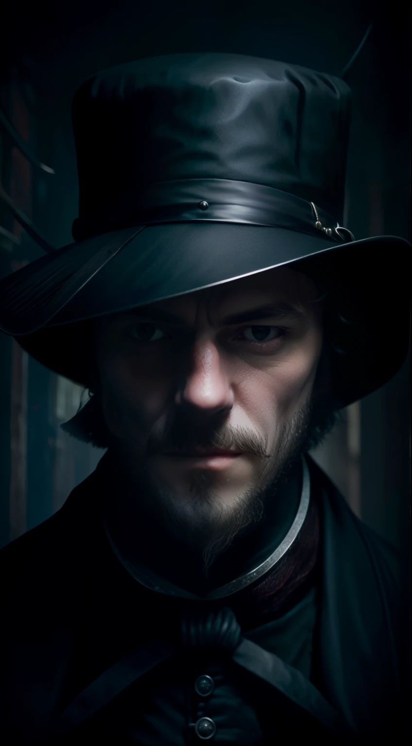 "Real 8k images of Jack the Ripper, Wear a hat that covers your eyes and make direct eye contact with the viewer, Depicted in a dark and mysterious style."