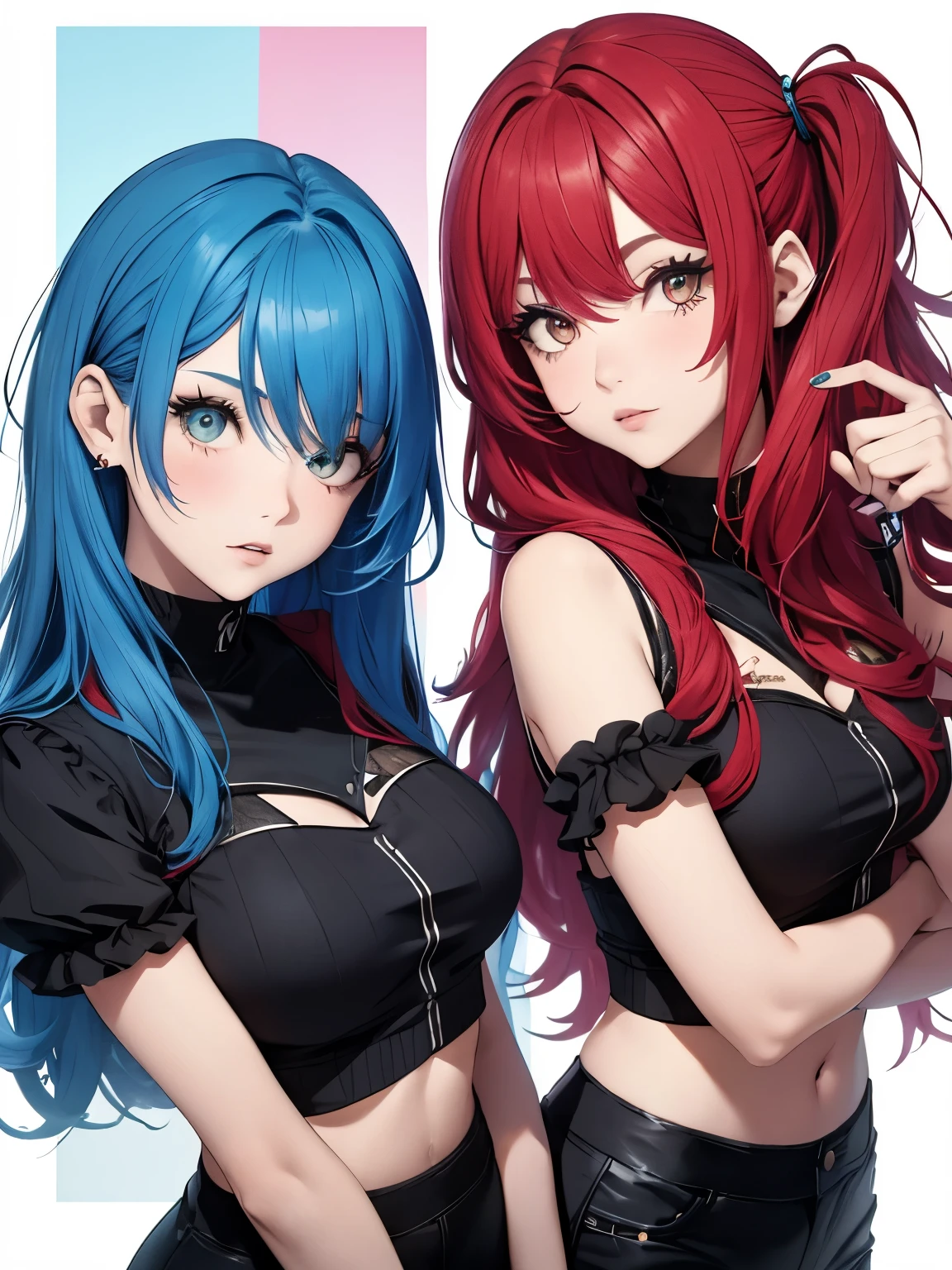 Two twin sisters, one with blue hair and the other with red hair, elas tem 7 anos