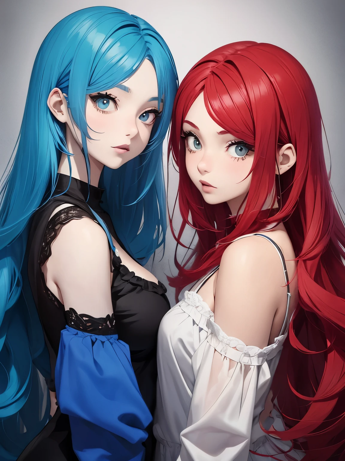 Two twin sisters, one with blue hair and the other with red hair, elas tem 7 anos
