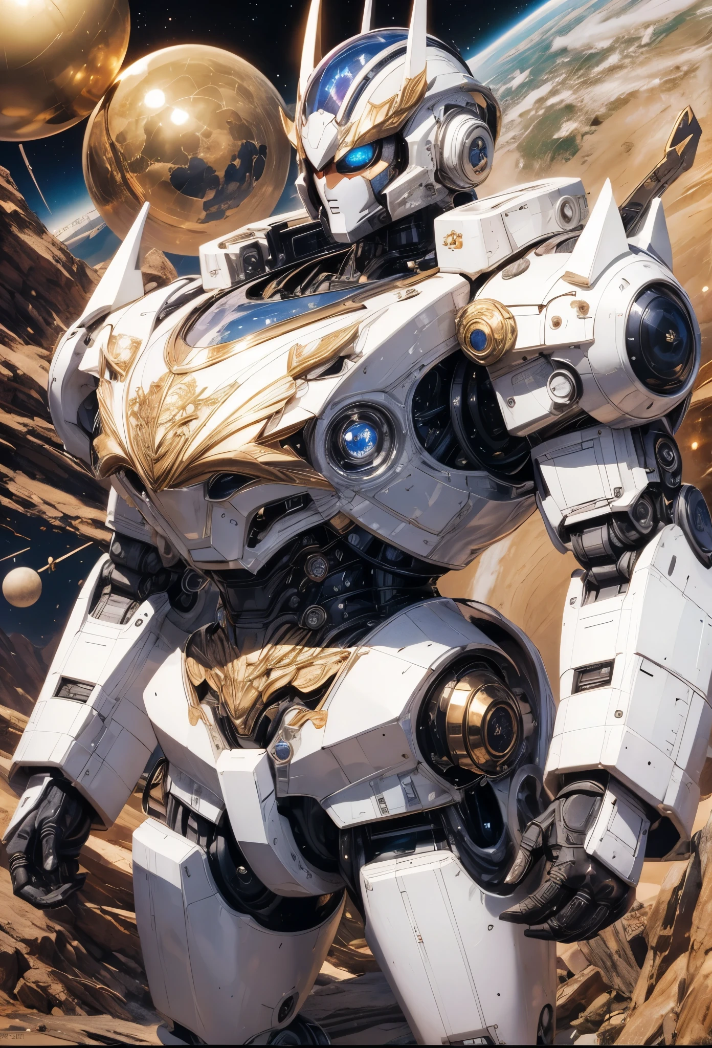 ((Highly accurate drawing in every detail)Extremely precise depiction)[High resolution],(detailed illustrations,とてもfineで緻密な描画,Delicate drawn lines with tempo,Realistic texture expression),[color traced main line],Vast Outer Space[Big Milky Way],[Robot anime from the mid-1970s(full body portrait)],Meteor God Daiginger,((rounded form))((Delicate metal face))(A giant robot with a simple design)((Core crystal with star-shaped decoration in the center of the chest))[splendid horn decoration][(cylindrical arms and legs)Powerful superalloy body][Super energy flowing inside],[A robot of justice that fights to protect the earth from space monsters.](intricate and beautiful decoration [Dense detail]),[transparency],(Precisely drawn face)[完璧な目のdetailed(Beautifully detailed iris)(Eyes like deep jewels)],(eyes light[Pinpoint lighting for the eyes]),[long and beautiful eyelashes],[precisely drawn hair [美しく艷やかな髪のdetailed]],(完璧な手のdetailed [Beautiful fingers with no damage [beautiful nails]]),(perfect anatomy(perfectly balanced proportions))[[full body portrait]],[ideal color coordination(Accurate simulation of light and material interactions)],([Precision Detail](detailed,高fine)),[Visual art that tells a story],((highest quality)fine[[High density drawing]])(4K Quality).