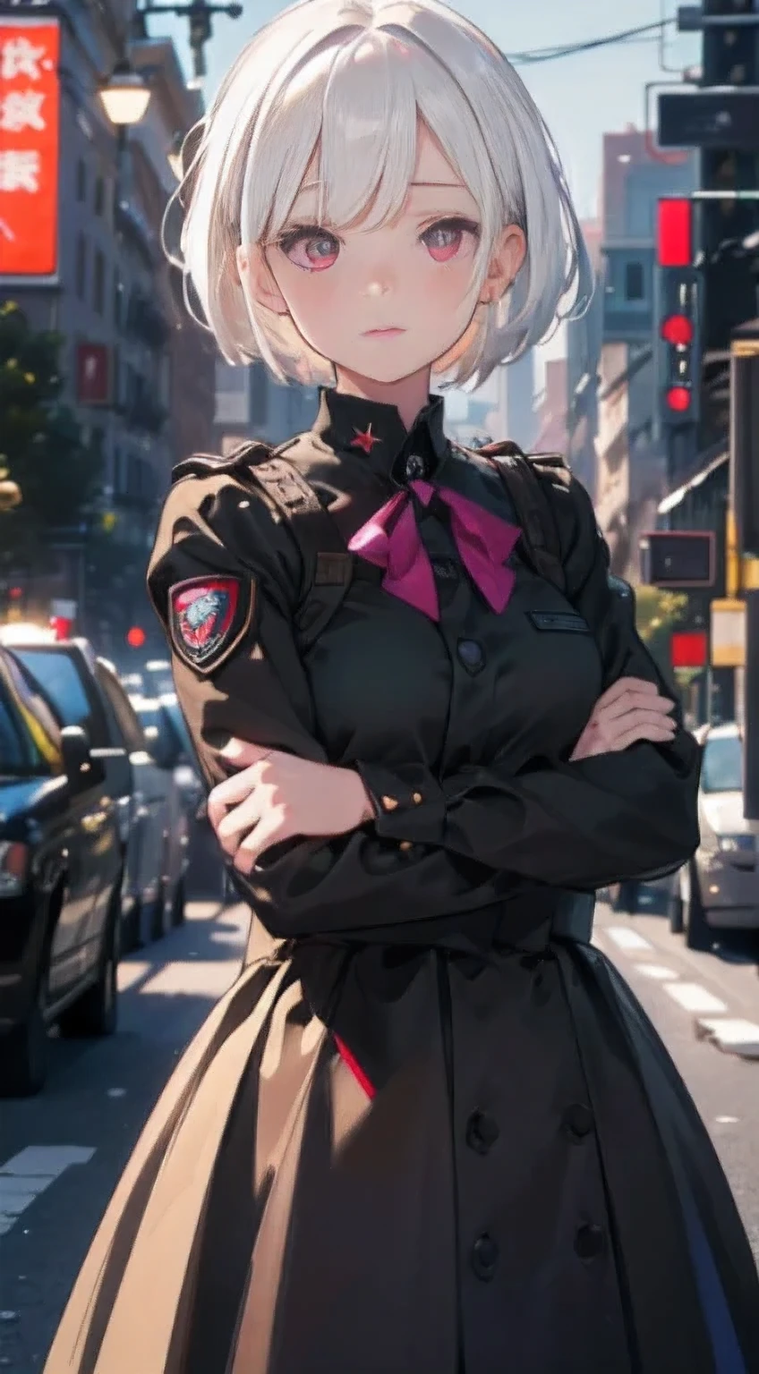 best picture quality, 8K, high quality, masterpiece:1.2), ((masterpiece)), (high detail, high quality, best picture quality), bokeh, DOF, Portrait, open stance, (cute illustration:1.2), white hair, short hair, military, 1girl, magenta eyes, standing, black uniform, black clothing