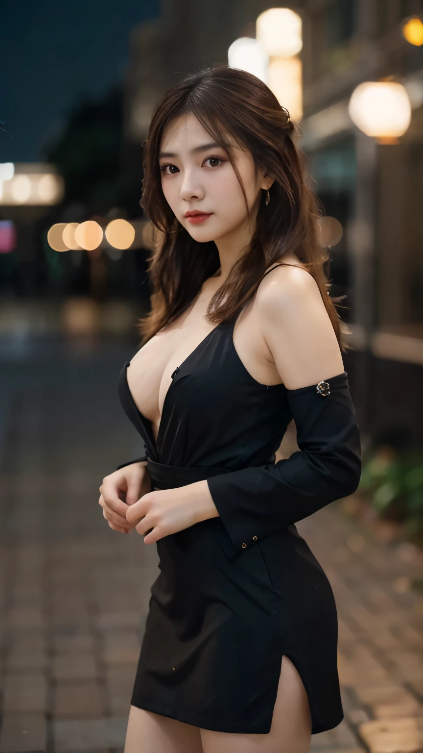 Young chinese girl, black dress, brown hair, multicolored hair, long hair, high ponytail, medium breast, feather hair ornament, full body shot, front view, facing camera, crystal earrings, makeup, laugh, cinematic lighting, depth of field, bokeh, UHD, masterpiece, high details, high quality