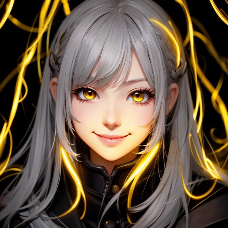 Nice style, 1 girl, cute, Surrounded by yellow lighting, gold eyes, gray hair, black background, close, smile、masterpiece, Super detailed