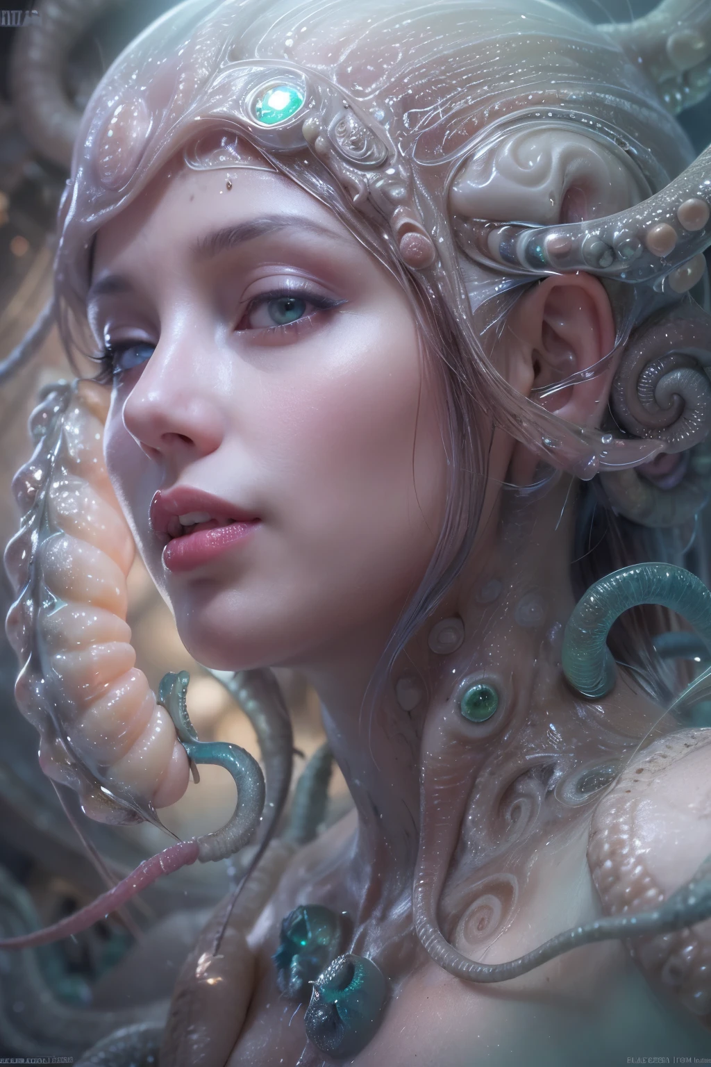 (A portrait of one beautiful and obscene female alien who is a young teenager:1.4), ((There is a female genital-like organ in the middle of her forehead:1.8)), (realistic face:1.2), (Numerous award-winning masterpieces, with incredible detail, textures and maximum detail), artistic photography, midnight aura, unreal engine 5, Ultra Sharp Focus, art by Amano Yoshitaka, ArtGerm, Roisch, intricate artwork, ultra realistic realism, high resolution, High freshness, drawing faithfully, official art, Unity 8K Wall paper, ultra detailed artistic photography, dream-like, Creation of fantasy, dream Snail, (biopunk nautilus:1.3),Thrilling color schemes, seductively smiling, Amazing mutation, well-proportioned body, goddess of the deep sea, fractal, Geometric pattern, impossible figures, (translucent white tentacles with luminescent organs:1.4), subtle emerald green accents, (smiling seductively:1.3),(She has the most beautiful face in the history of the universe:1.5), Penelope Cruz, (she is looking down at viewers with glowing iridescent eyes with no pupils:1.3), an evil gaze that seduces, cinematic lighting, (Vampire-like long canine teeth can be glimpsed through the gap between the cute lips:1.3), in the hall of the palace, Sweet breath is exhaling from beautiful lips, ecstatic expression