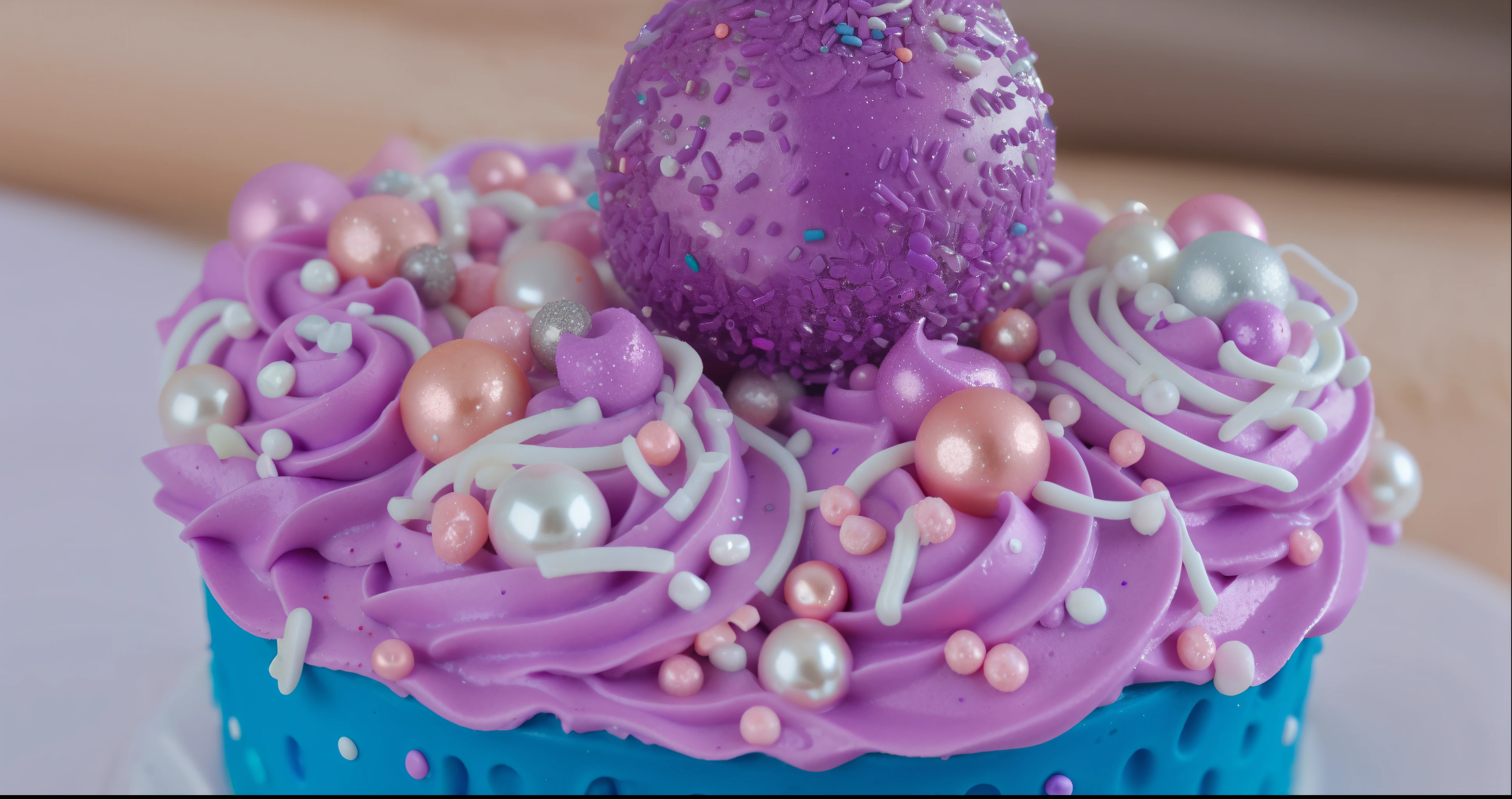 purple cream with sprinkles and pearls in realistic style, realistic textures , Super high-quality photography, macro photography