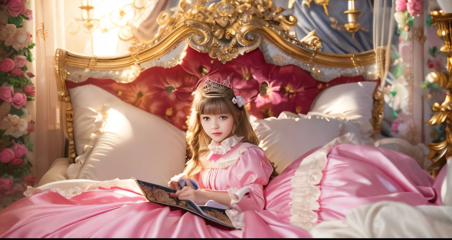 ,highest quality, masterpiece, highest resolution, artwork, super それにget used to it, many get used to it, get used to it, それにget used to it, 3K realistic photos,,(( When I was )),Super detailed baby face,She is a princess,Full length ball gown dress with hoop skirt,ruffle yoke collar,puff sleeves,long sleeve,((Lolita style pink detailed princess satin dress、Comes with lots of frills and ribbons。)),colorful rococo fashion,shiny satin dress,Soft and smooth fabric,luxury,long blonde hair,blue eyes,white skin european,pajamas,((inside the palace)),,,(( When I was 10 years old)),Sd baby face,Full length ball gown dress with hoop skirt,long skirt,ruffle yoke collar,puff sleeves,腰まで伸びるlong blonde hair,blue eyes,white skin european,pajamas,((inside the palace bedroom)),ピンクのシルクサテンのluxuryなcanopy bedの上,canopy bed,Luxurious curtains on both sides of the bed,many frilly pillows on the bed,super detailed background,Detailed bed,romantic atmosphere,little princess is lying on the bed,Read picture books,both legs are hidden in the dress,the dress is spread across the bed,soft pink silk satin comforter,Beautiful girl illustration,detailed beautiful face detailed hair,detailed human eye ,detailed mouth, arm details,detailed hand,detailed picture book