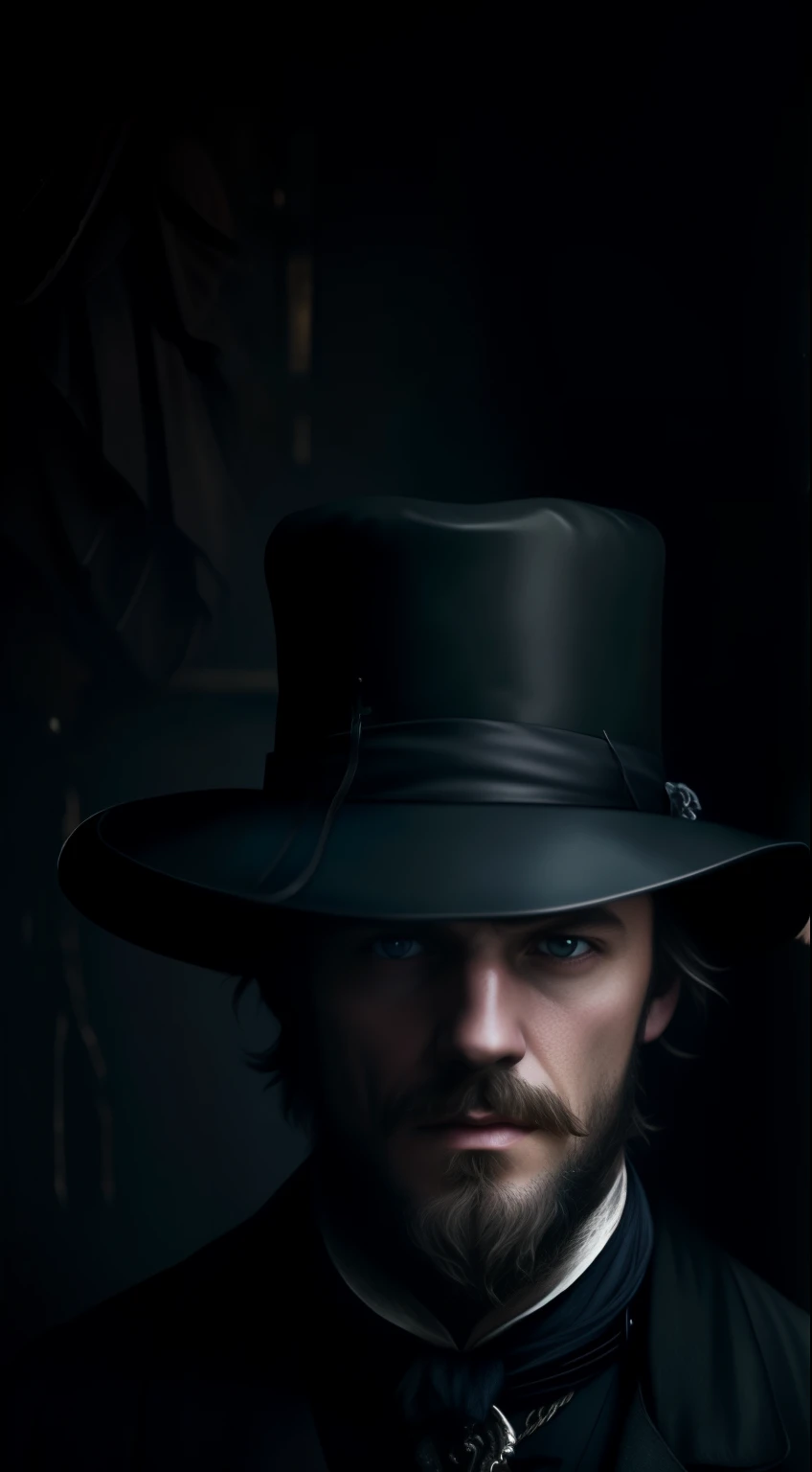 "Real 8k images of Jack the Ripper, Wear a hat that covers your eyes and make direct eye contact with the viewer, Depicted in a dark and mysterious style."