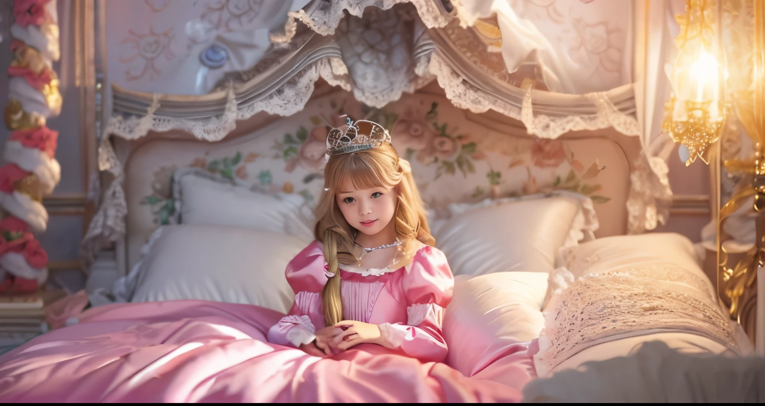 ,highest quality, masterpiece, highest resolution, artwork, super それにget used to it, many get used to it, get used to it, それにget used to it, 3K realistic photos,,(( When I )),Super detailed baby face,She isss,Full length ball gown dress with hoop skirt,ruffle yoke collar,puff sleeves,long sleeve,((Lolita style hot pink detailed princess satin dress、Comes with lots of frills and ribbons。)),colorful rococo fashion,shiny satin dress,Soft and smooth fabric,luxury,long blonde hair,blue eyes,white skin european,pajamas,((inside the palace)),,,(( When I was 10 years old)),Super ce,Full length ball gown dress witirt,long skirt,ruffle yoke collar,puff sleeves,腰まで伸びるlong blonde hair,blue eyes,white skin european,pajamas,((inside the palace bedroom)),ピンクのシルクサテンのluxuryなcanopy bedの上,canopy bed,luxurious curtains under the canopy,many frilly pillows on the bed,super detailed background,Detailed bed,romantic atmosphere,little princess is sitting on the bed,