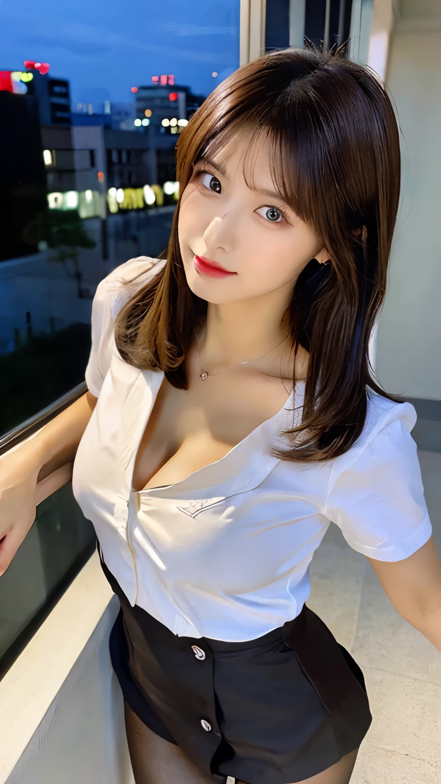 ((highest quality, 8K, masterpiece :1.3)), whole body, sharp focus :1.2, beautiful woman with perfect figure :1.4, thin abs :1.2, ((dark brown hair, big breasts :1.2)), Body dress :1.1, (View of the city at night, Modern balcony :1.1), Highly detailed face and skin texture, fine eyes, double eyelid, small bust, OL uniform, office Wear, white t-shirt, exposed cleavage, (black pantyhose), (No panties), interior scene, office,Woman at work,Office lady in a suit