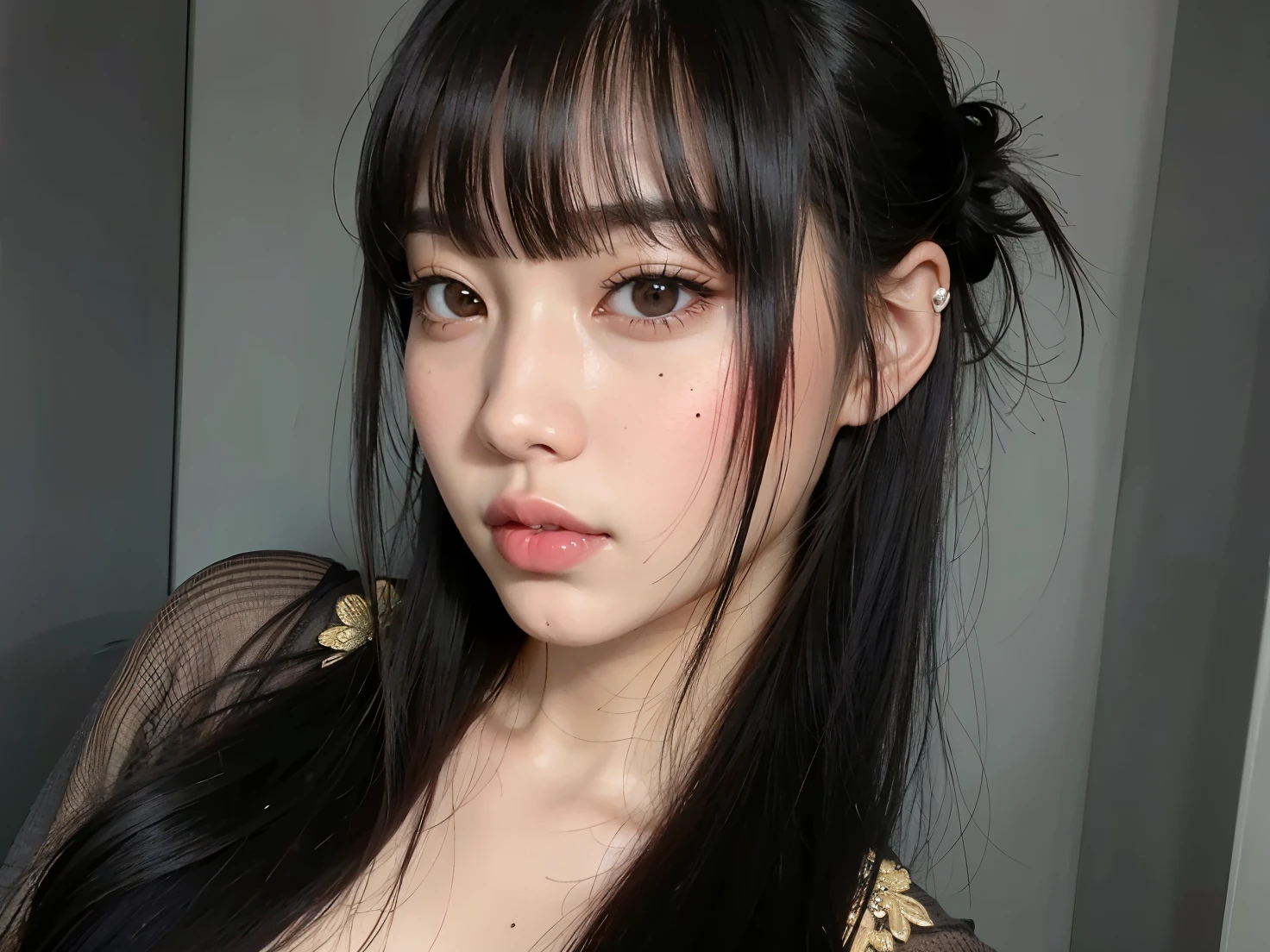 Asian woman with long black hair and bangs posing for a photo, Ela tem cabelo preto com franja, cabelo arrumado com franja, com franja completa, com franja,  bonito-fino-cara, preto hime corte cabelo, Rosto bonito das s japonesas, Lalisa Manobal, franja reta, Sui Ishida com cabelo preto, Chiho, franja fofa, ela tem tatuagens no peitoral