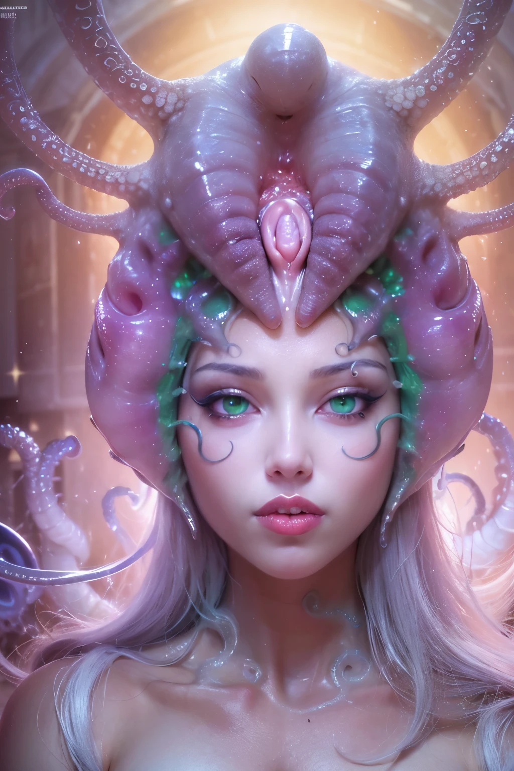 (1 beautiful and obscene female alien:1.4), (There is a female genital-like organ in the middle of her forehead:1.95), SHe has medusa-like hair, (there are lots of translucent tentacles from her head like her hair:1.8), (vulgarity1.7), (she is looking at viewers with glowing red eyes with no pupils:1.8), (She has translucent pale skin:1.7),(She has the most beautiful face in the history of the universe:1.2), (She has multiple bioluminescent organs on the side of her tentacles:1.4), (Her body is covered with an iridescent exoskeleton:1.6), (She is showing her arm pits:1.4), an evil gaze that seduces, (large mouth:1.1), (sharp teeth like a vampire:1.2), Full body portrait, (bio luminescent:1.5), (Smile wickedly:1.3), (sexypose:1.5), alien, No humans, cells are fused, extraterrestrial, cell, bio image, masterpiece, ultra high resolution, (photos realistic:1.7), scary and sexy detailed art in color, best quality, 8K,In 4K_quality, High freshness, Dramatic Lighting, cinematic quality, (exquisite details:1.2), High freshness, drawing faithfully, (Thick eyebrows:1.2), Beautiful eyes with fine symmetry,(Highly detailed face and eyes:1.2),(Super detailed skin quality feeling:1.4), perfect anatomy, (Beautiful toned body:1.5), (Moist skin:1.2), not wearing makeup, (dark circles:1.1), long canines, cinematic drawing of characters, cinematic quality, (exquisite details:1.2), high resolution, High freshness, drawing faithfully, official art, Unity 8K Wall paper, ultra detailed artistic photography, midnight aura, unreal engine 5, Ultra Sharp Focus, art by Amano Yoshitaka, ArtGerm, Roisch, intricate artwork,ultra realistic realism, dream-like, Creation of fantasy, dream Snail, (biopunk nautilus:1.3),Thrilling color schemes, seductively smiling, Amazing mutation, well-proportioned body, goddess of the deep sea, fractal, Geometric pattern, impossible figures,(asymmetry:1.4), (white tentacles with blue stripes:1.4), subtle emerald green accents, (expression of ecstasy:1.6)