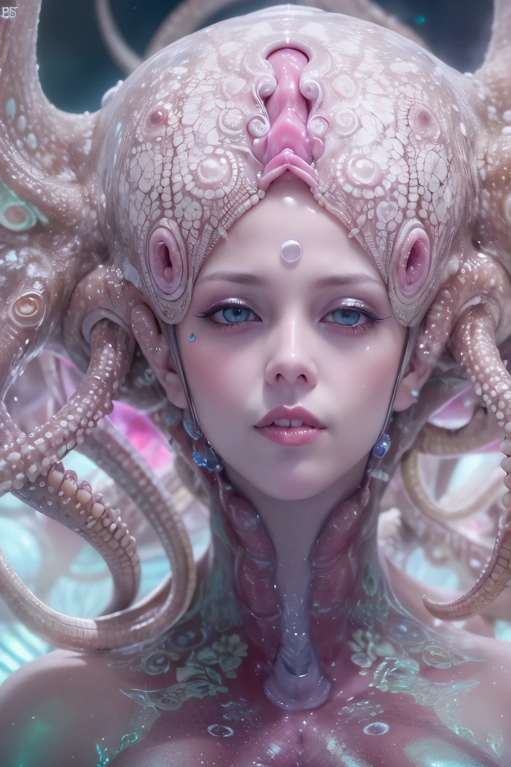 (A portrait of one beautiful and obscene female alien who is a young teenager:1.4), ((There is a female genital-like organ in the middle of her forehead:1.8)), (Numerous award-winning masterpieces, with incredible detail, textures and maximum detail), artistic photography, midnight aura, unreal engine 5, Ultra Sharp Focus, art by Amano Yoshitaka, ArtGerm, Roisch, intricate artwork,ultra realistic realism, high resolution, High freshness, drawing faithfully, official art, Unity 8K Wall paper, ultra detailed artistic photography, dream-like, Creation of fantasy, dream Snail, (biopunk nautilus:1.3),Thrilling color schemes, seductively smiling, Amazing mutation, well-proportioned body, goddess of the deep sea, fractal, Geometric pattern, impossible figures, (translucent white tentacles with stripes:1.4), subtle emerald green accents, (smiling seductively:1.3),(She has the most beautiful face in the history of the universe:1.5), Penelope Cruz, (she is looking at viewers with glowing red eyes with no pupils:1.3), an evil gaze that seduces