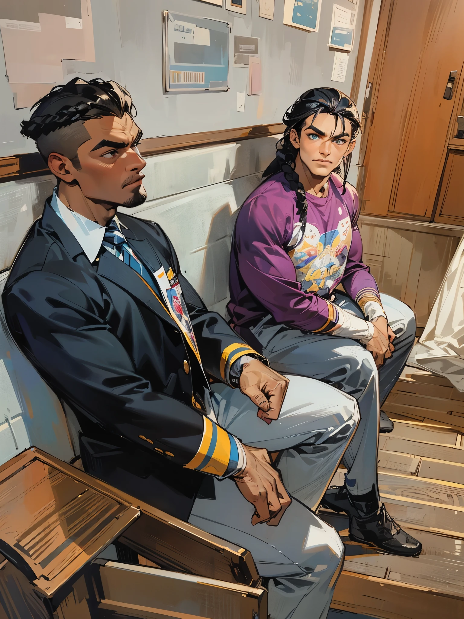 2men, black men sitting down, friendly discussion, incredibly muscular, muscles, muscular, bodybuilder, dark skin, braids, braided hair, flexing, jacked, fighters, rugged, muscles visible through clothing, intimidating, high definition, handsome, handsome men, perfect face, chiseled jawline, strong jaw, high cheekbones, beautiful quality, masterpiece, big biceps, pecs, defined muscles