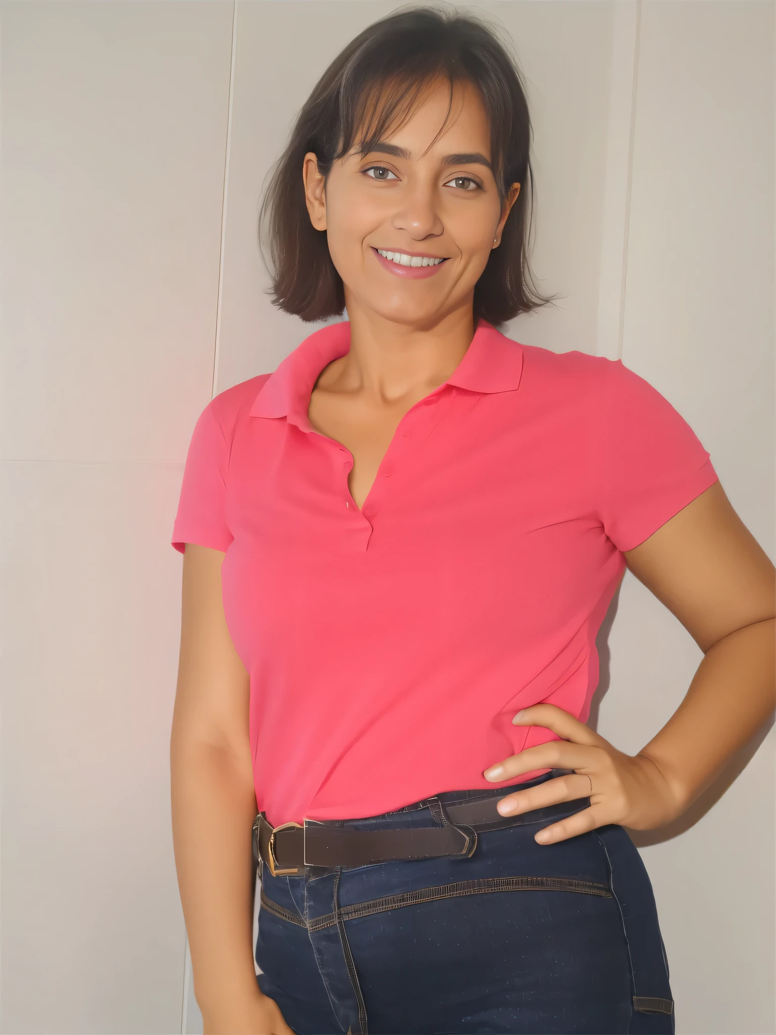 there is a woman standing with a blusa rosa and jeans, pilar, Vestindo uma camisa polo, inspired by Verónica Ruiz de Velasco, fernanda suarez, wearing a dark blue polo shirt, blusa rosa, inspired by Maria Helena Vieira da Silva, foto de retrato de corpo inteiro, vista frontal de corpo inteiro, pose frontal, with hands in pockets. Mulher com pele branca bronzeada e cabelos escuros. ela tem cerca de 35 anos. high resolution, alta qualidade, obra de arte, 8k. Mulher com pele branca bronzeada e cabelos escuros. ela tem cerca de 35 anos. high resolution, alta qualidade, obra de arte, 8k.